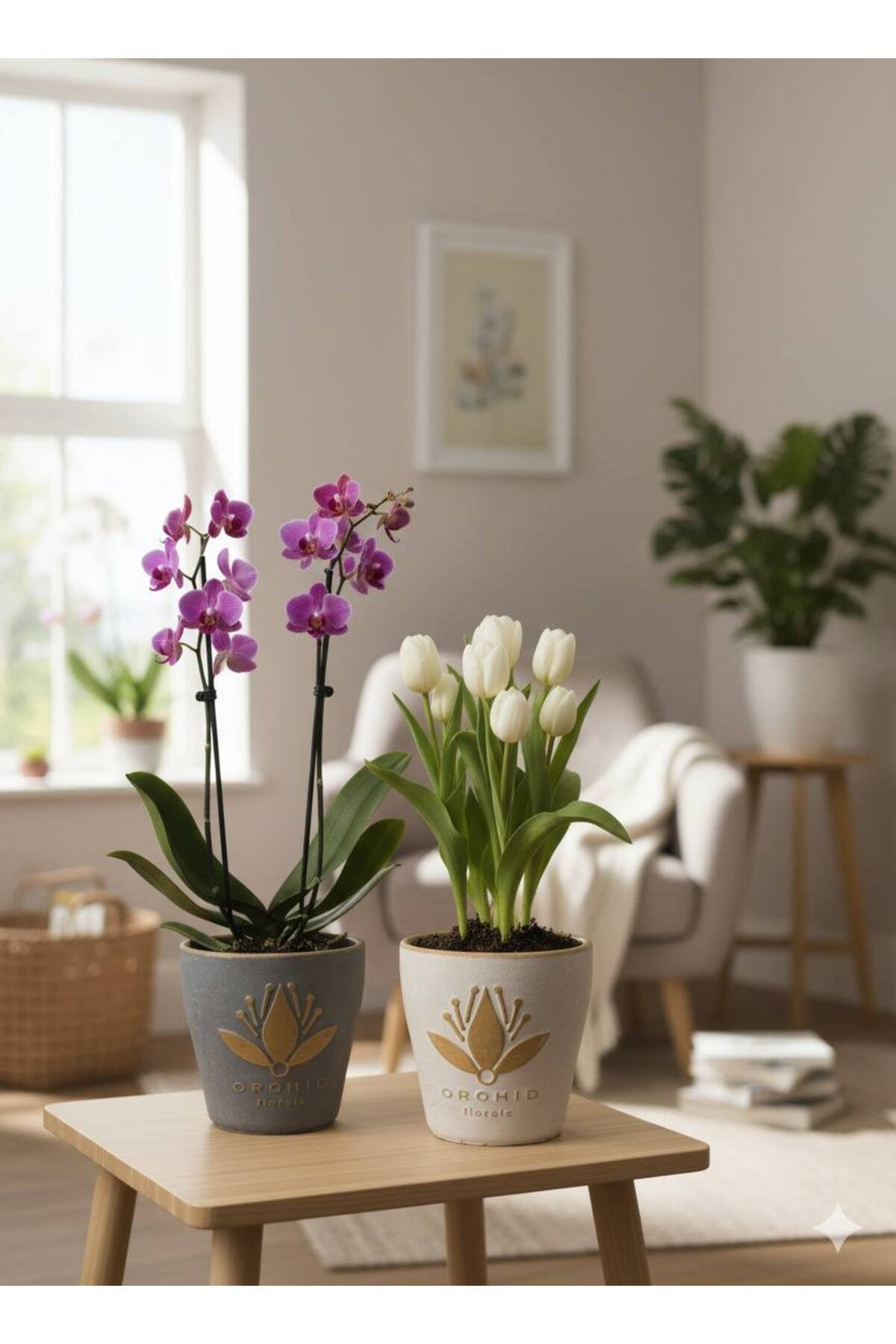 Lotus Çiçeği Desenli Dekoratif Beton Görünümlü Saksı - 2 Farklı Renk (Çiçeksizdir)