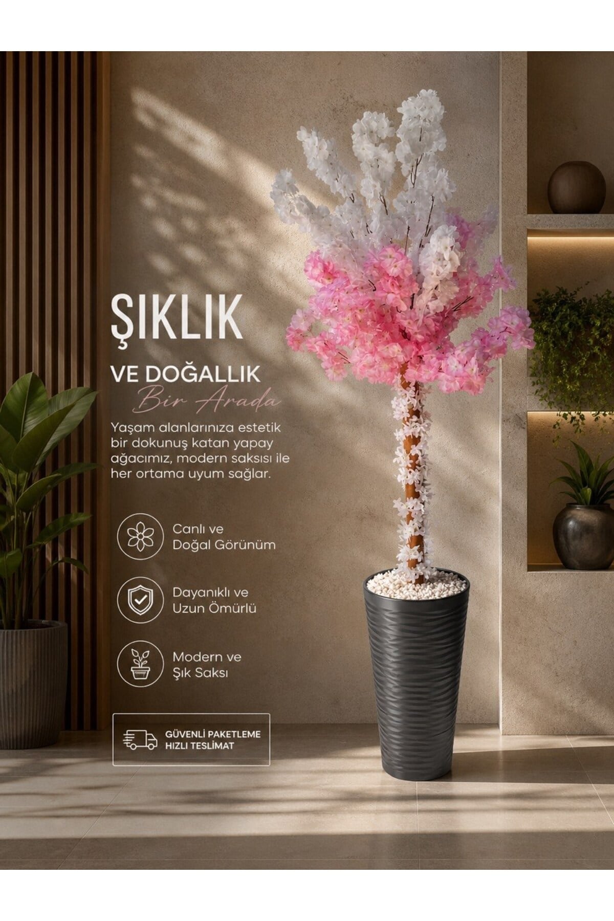 Lüks Dekoratif Yapay Bahar Dalı Ağacı - Antrasit Dalgalı Uzun Saksıda Pembe Beyaz Çiçekli 180 Cm