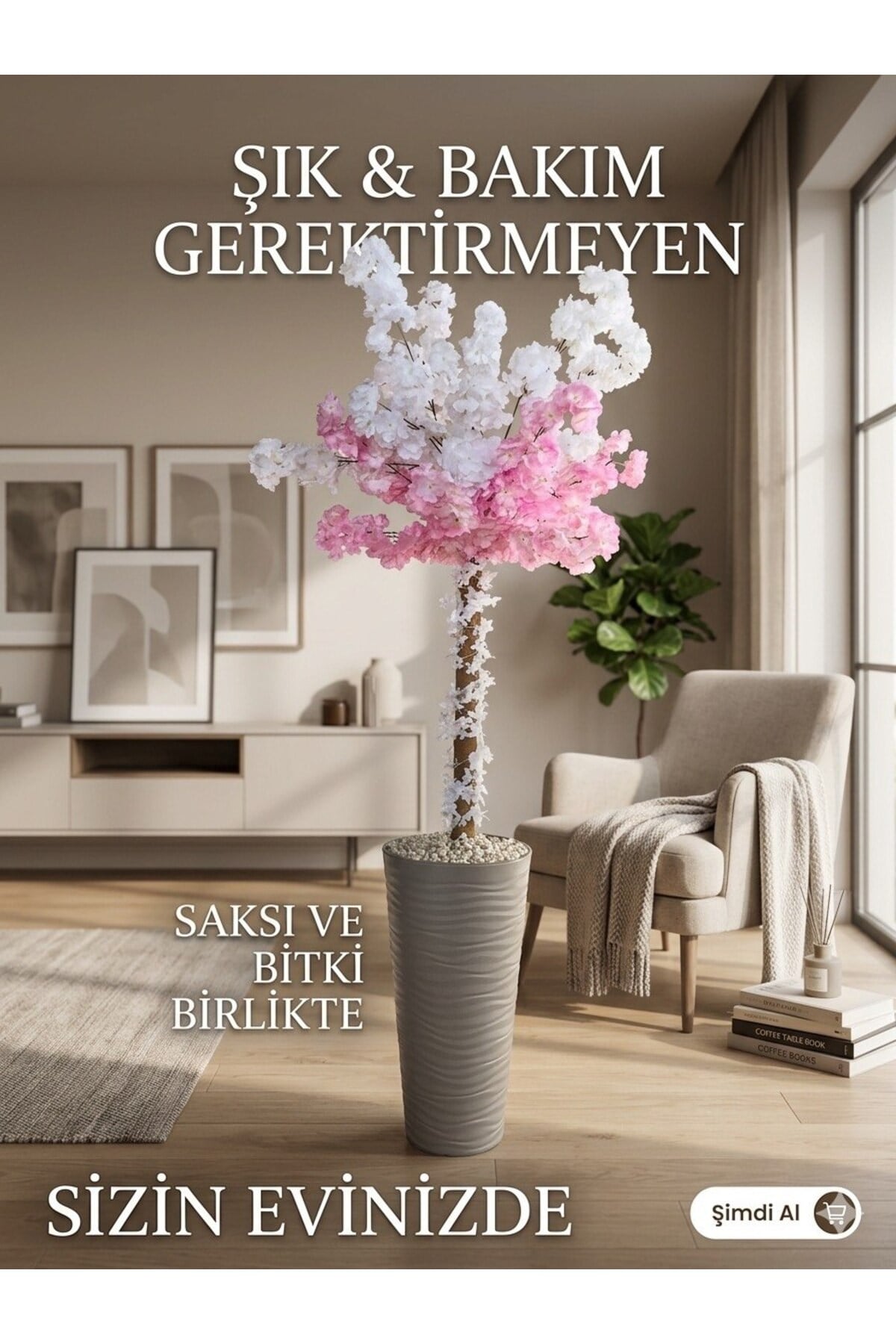 Lüks Dekoratif Yapay Bahar Dalı Ağacı - Sütlü Kahve Saksıda Dalgalı Uzun Saksıda Pembe Beyaz Çiçekli 180 Cm