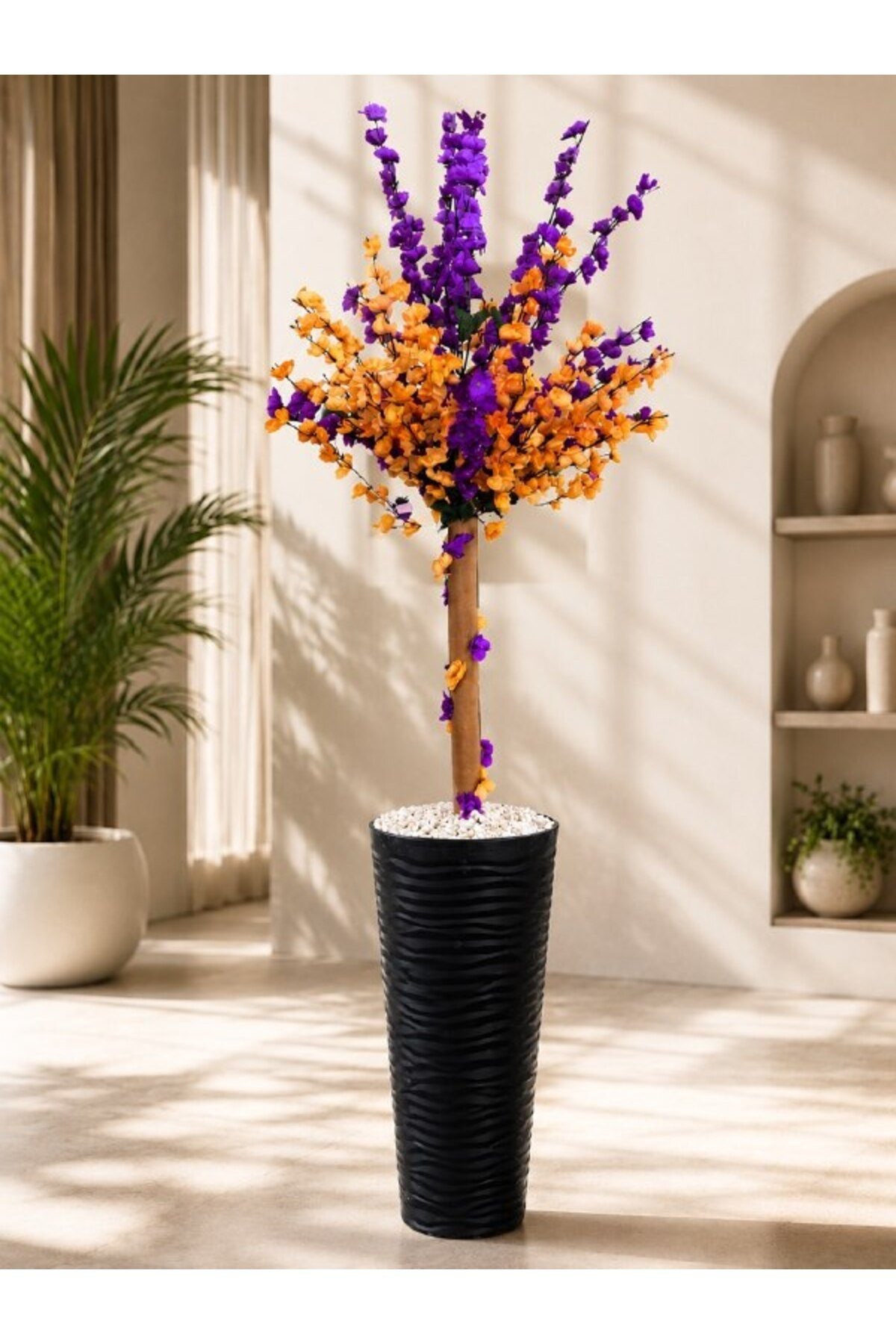 Lüks Yapay Mor ve Turuncu Çiçekli Dekoratif Sakura Ağacı- 165 cm Modern Siyah Dalgalı Saksıda