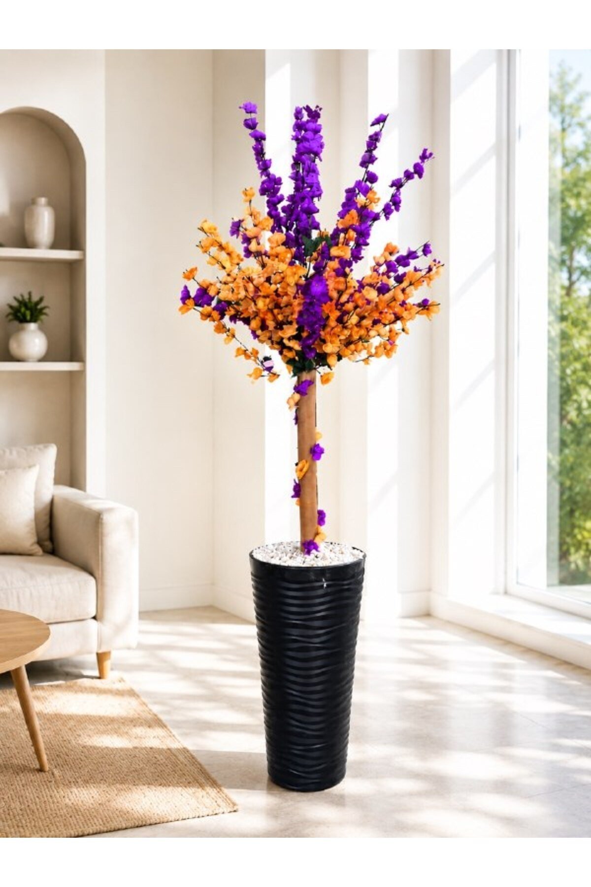Lüks Yapay Mor ve Turuncu Çiçekli Dekoratif Sakura Ağacı- 165 cm Modern Siyah Dalgalı Saksıda