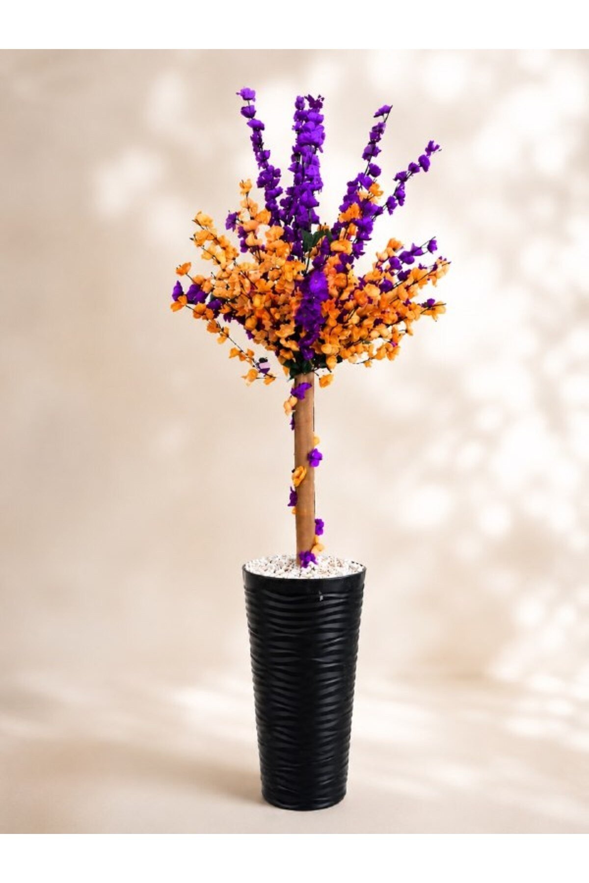 Lüks Yapay Mor ve Turuncu Çiçekli Dekoratif Sakura Ağacı- 165 cm Modern Siyah Dalgalı Saksıda