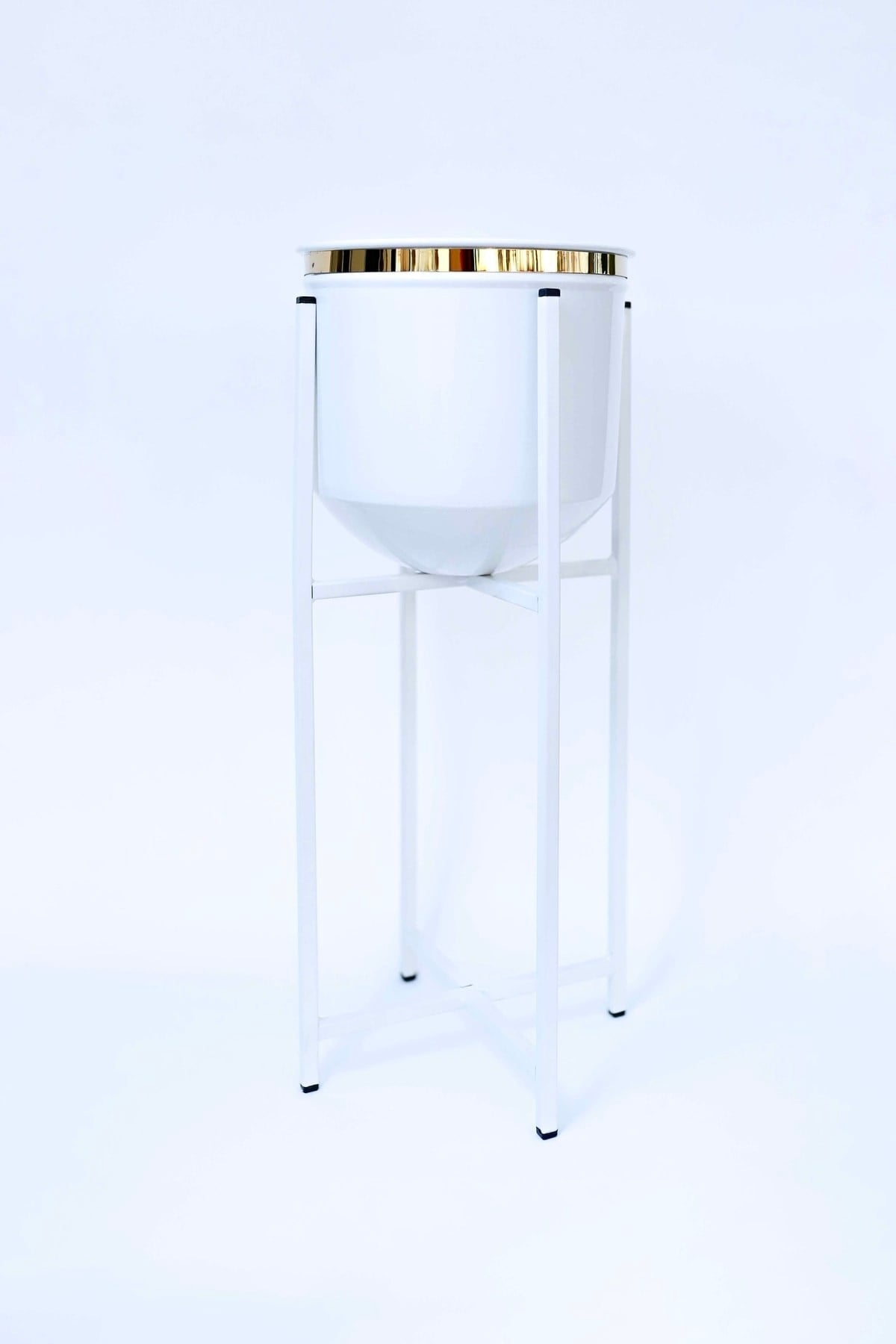 Metal Saksı Ayaklı Çiçeklik Dekoratif Beyaz Gold Detay Saksı Vazo Dekor Saksılık 52x21cm
