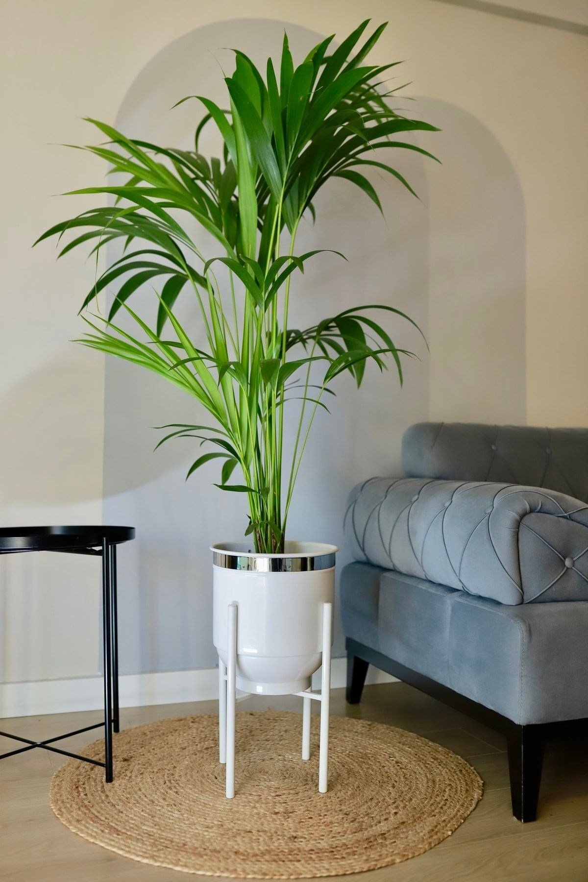 Metal Saksı Ayaklı Çiçeklik Dekoratif Beyaz Saksı Gümüş Detay Vazo Saksılık 50x30cm