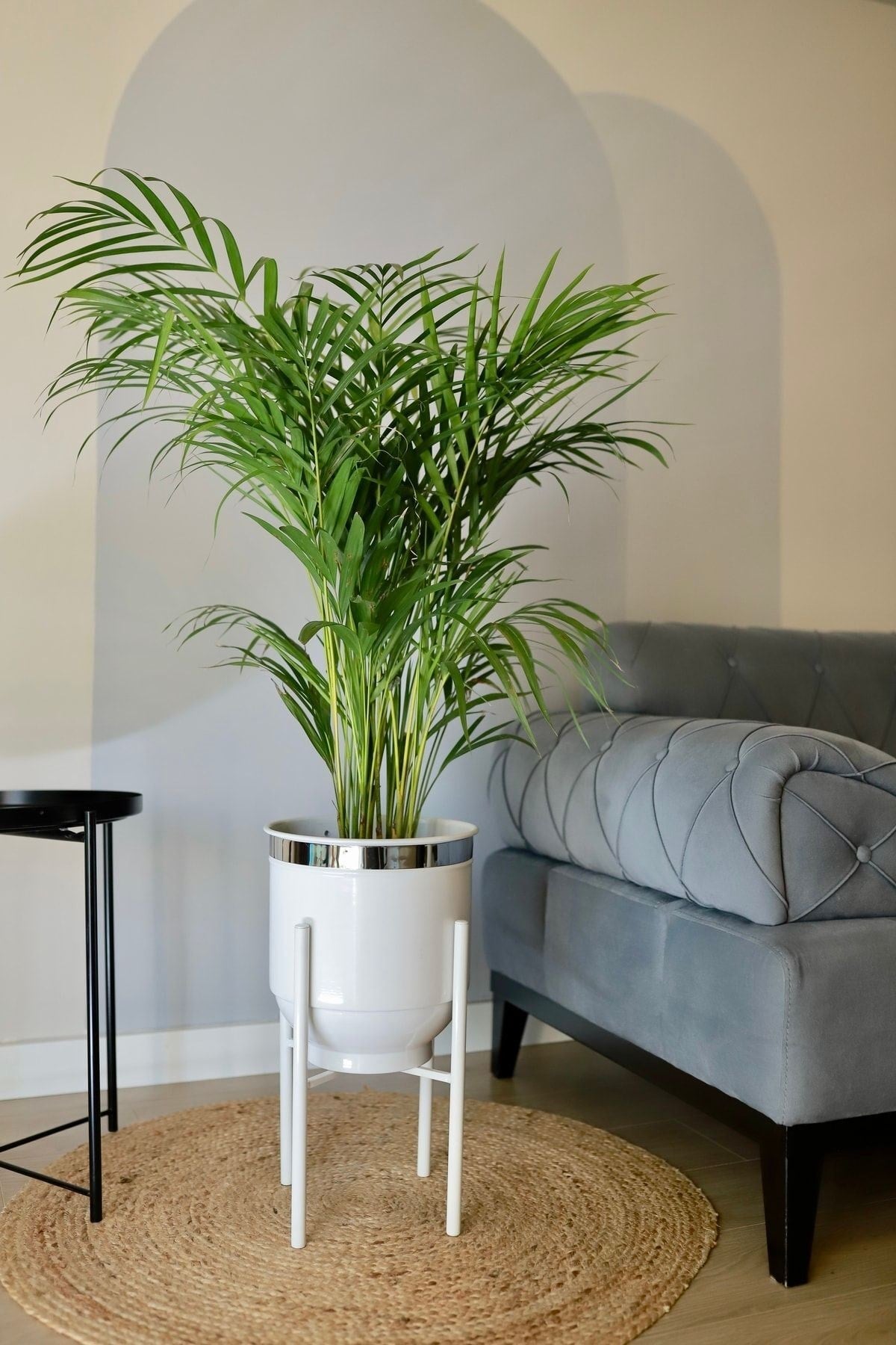 Metal Saksı Ayaklı Çiçeklik Dekoratif Beyaz Saksı Gümüş Detay Vazo Saksılık 50x30cm