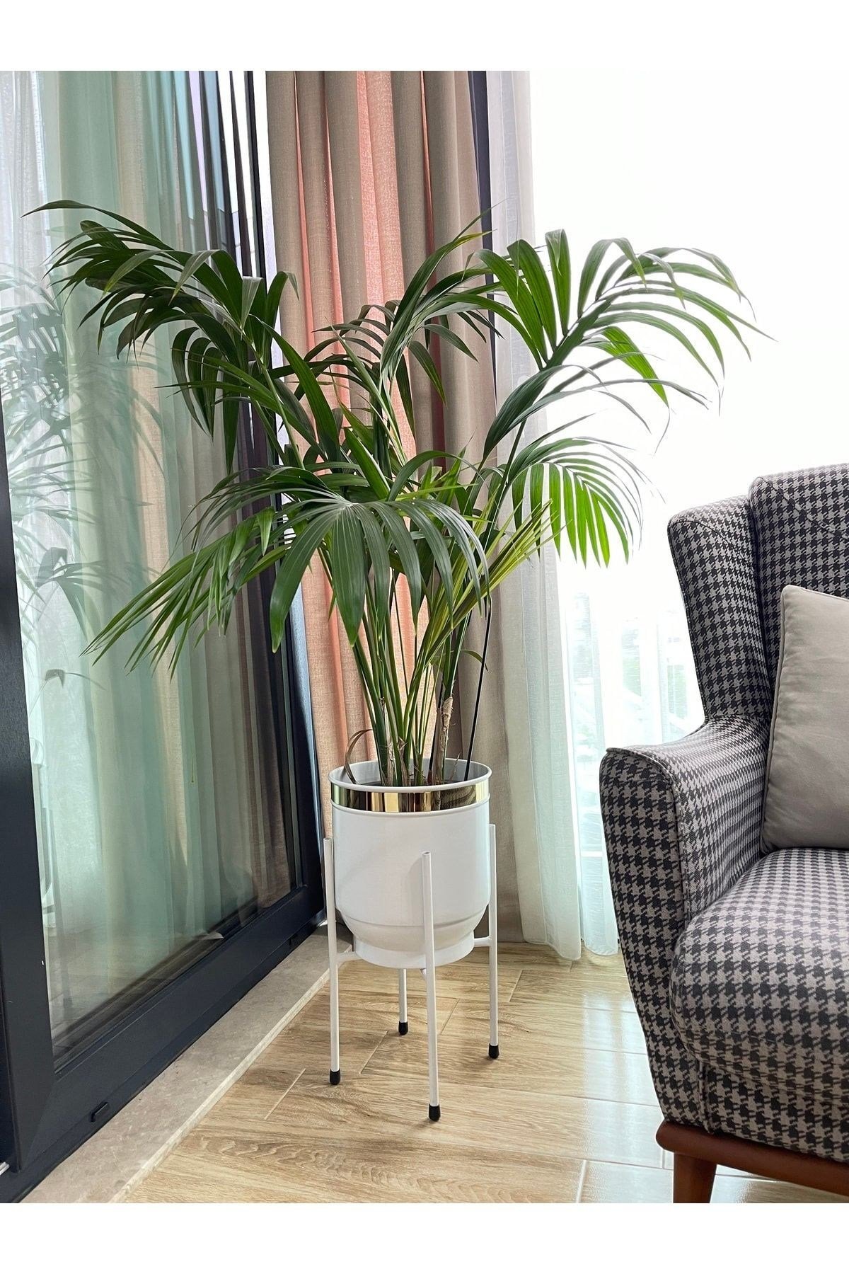 Metal Saksı Ayaklı Çiçeklik Dekoratif Beyaz Saksı Vazo Saksılık 50x30cm