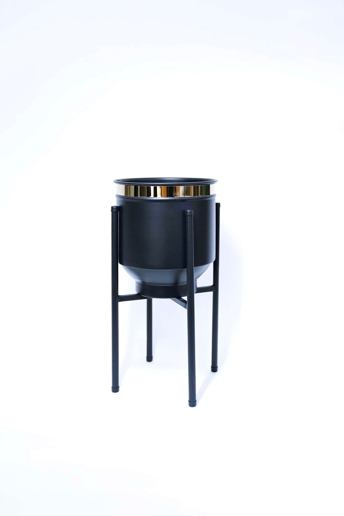 Metal Saksı Ayaklı Çiçeklik Siyah Gold Detaylı Dekoratif Saksı Vazo Saksılık 41x21cm
