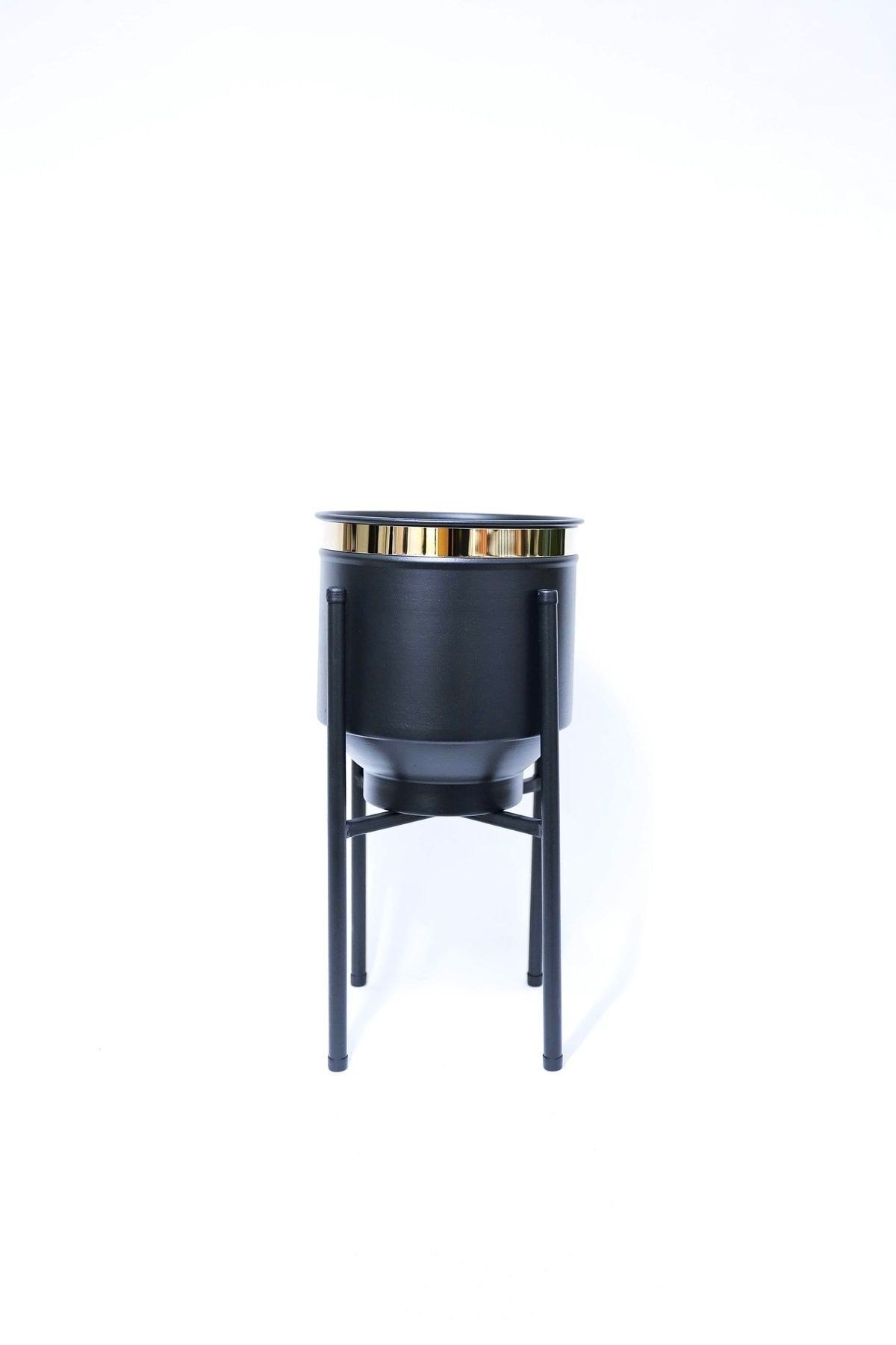 Metal Saksı Ayaklı Çiçeklik Siyah Gold Detaylı Dekoratif Saksı Vazo Saksılık 41x21cm