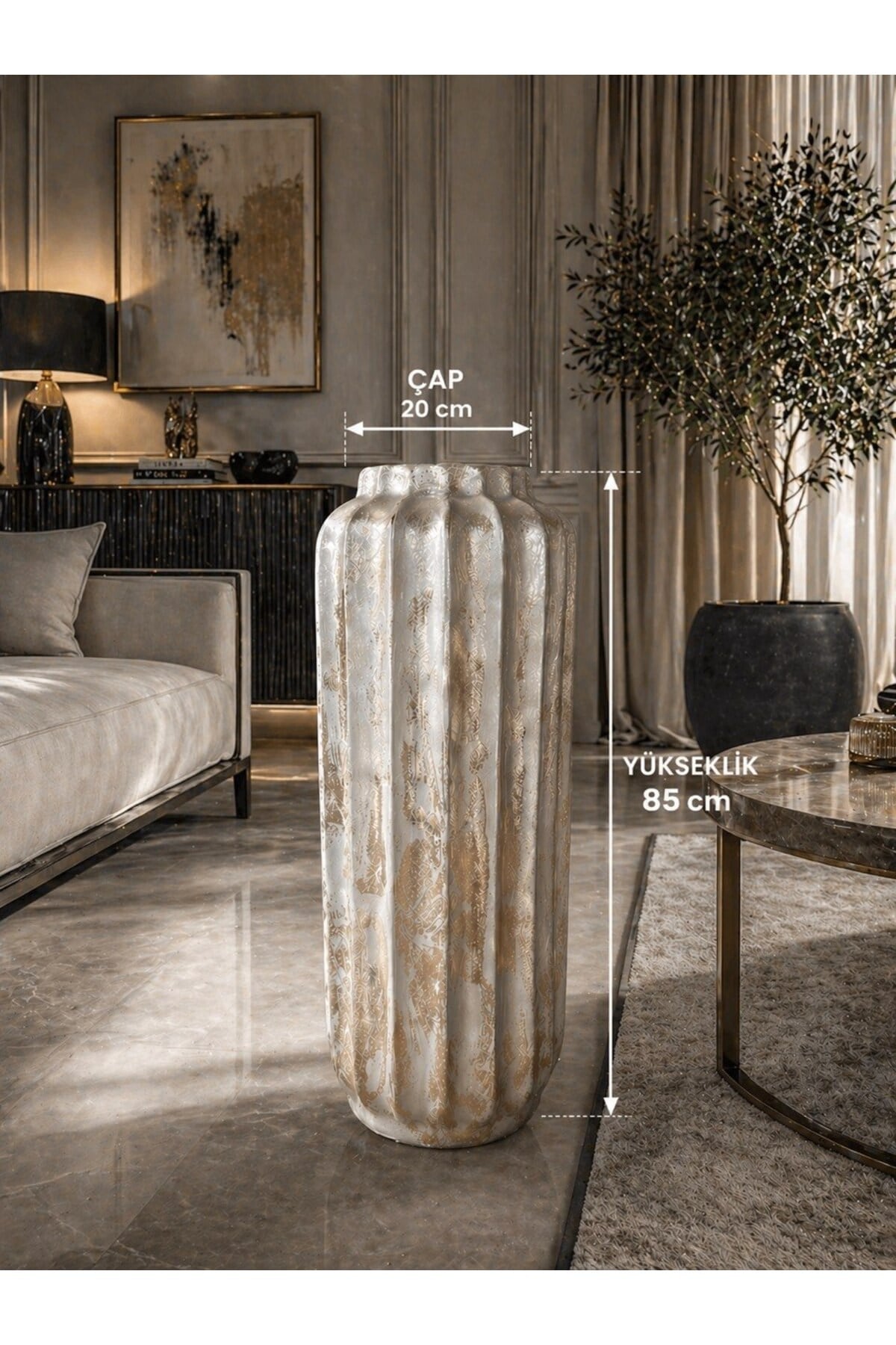 Modern Krem Gold Efektli Antrasit Oluklu Büyük Boy Dekoratif Saksı