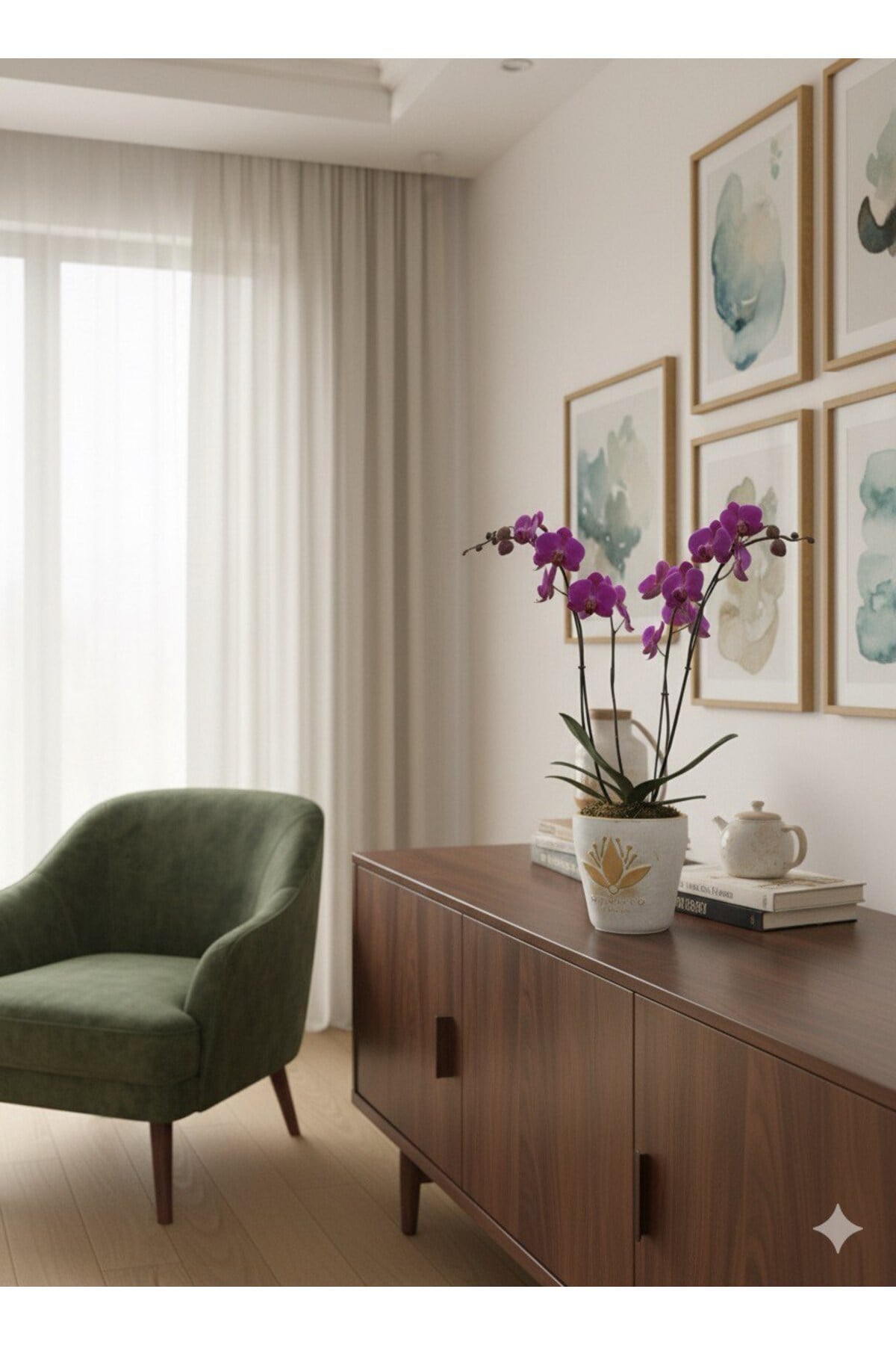 Mor Orkide ve Altın Lotus Saksı