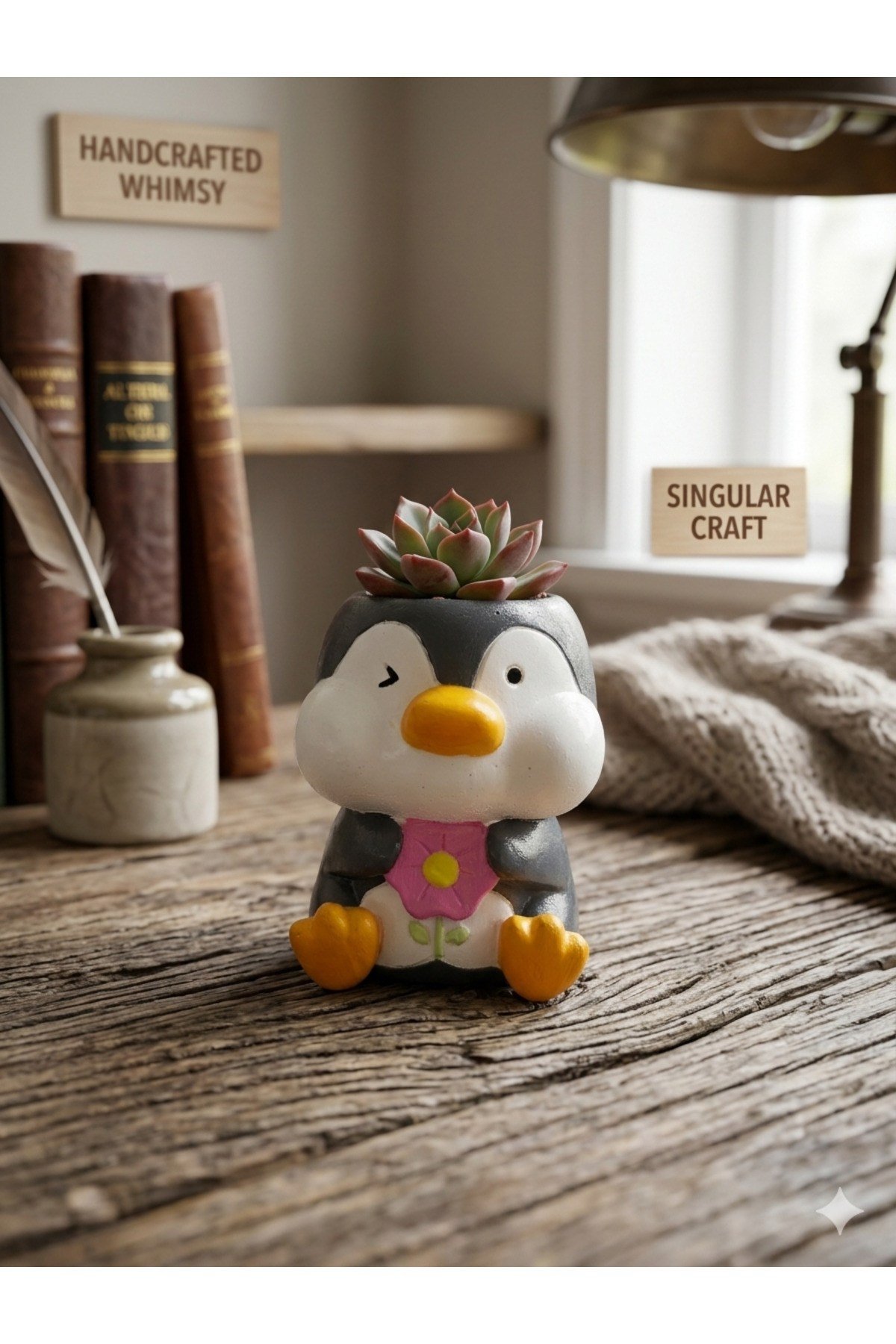 Penguen Tasarım El Yapımı Seramik Saksı - Dekoratif Mini Çiçeklik & Ofis Masa Üstü Hediyelik Obje