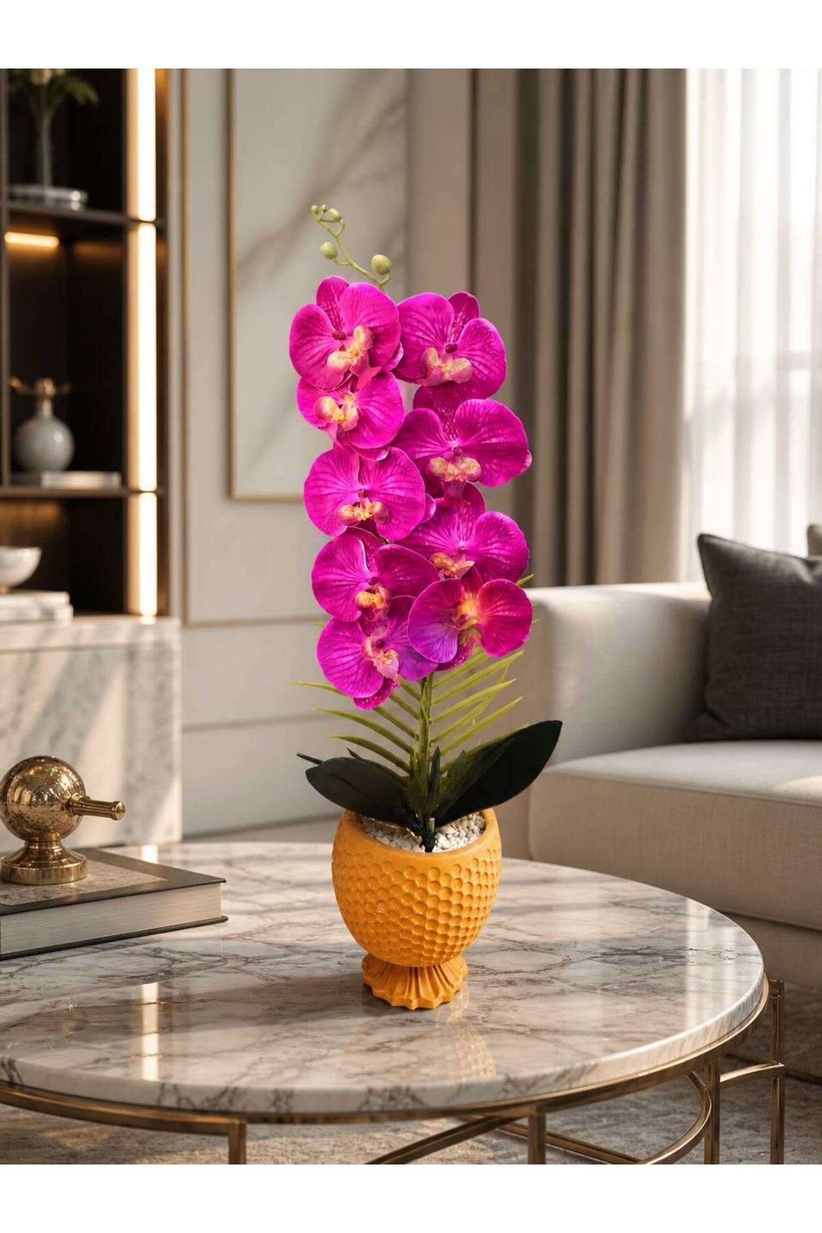 Premium Kalite İthal Yapay Orkide - Şık ve Modern Hardal Sarı Saksıda