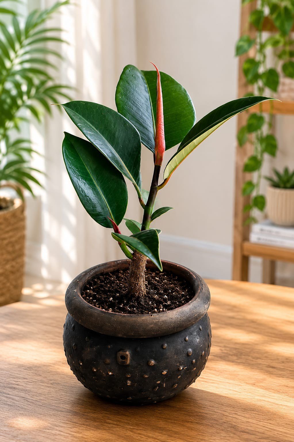 Siyah Dekoratif Saksıda Kauçuk Bitkisi (Ficus Elastica) – Canlı Salon Bitkisi