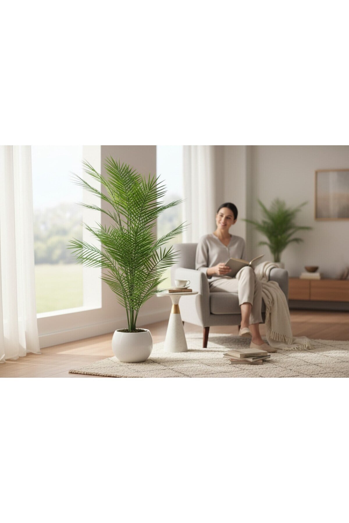 Yapay Areka Ağacı Palmiye Ağacı Salon Bitkisi Yapay Areka 130 Cm 20 Yaprak beyaz küre saksı