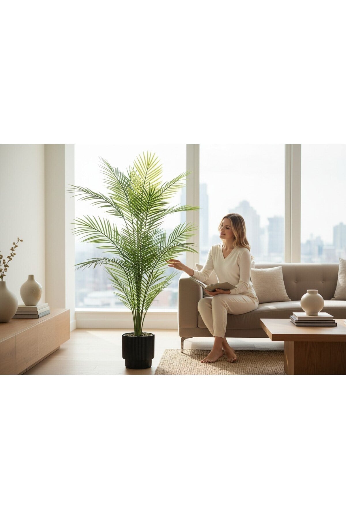 Yapay Areka Ağacı Palmiye Ağacı Salon Bitkisi Yapay Areka 130 Cm 20 Yaprak siyah vega saksı