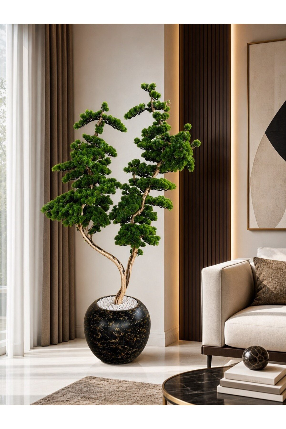 Zen Serisi Lüks Dekoratif Yapay Bonsai Ağacı - Siyah Mermer Desenli Küre Saksıda