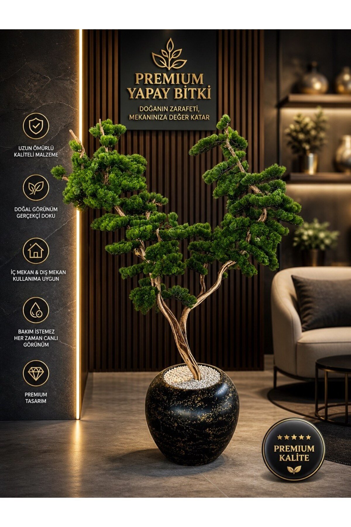 Zen Serisi Lüks Dekoratif Yapay Bonsai Ağacı - Siyah Mermer Desenli Küre Saksıda