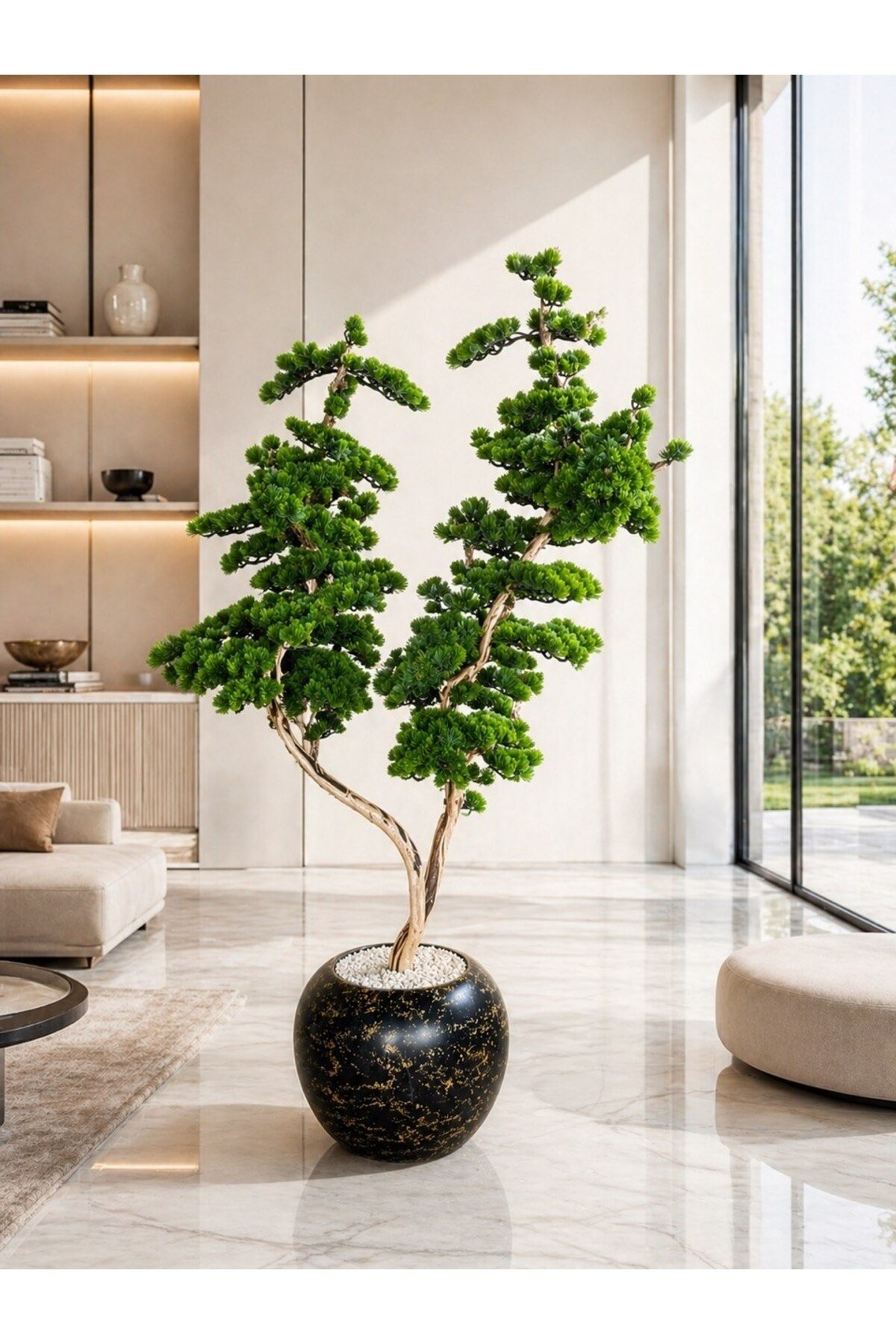Zen Serisi Lüks Dekoratif Yapay Bonsai Ağacı - Siyah Mermer Desenli Küre Saksıda
