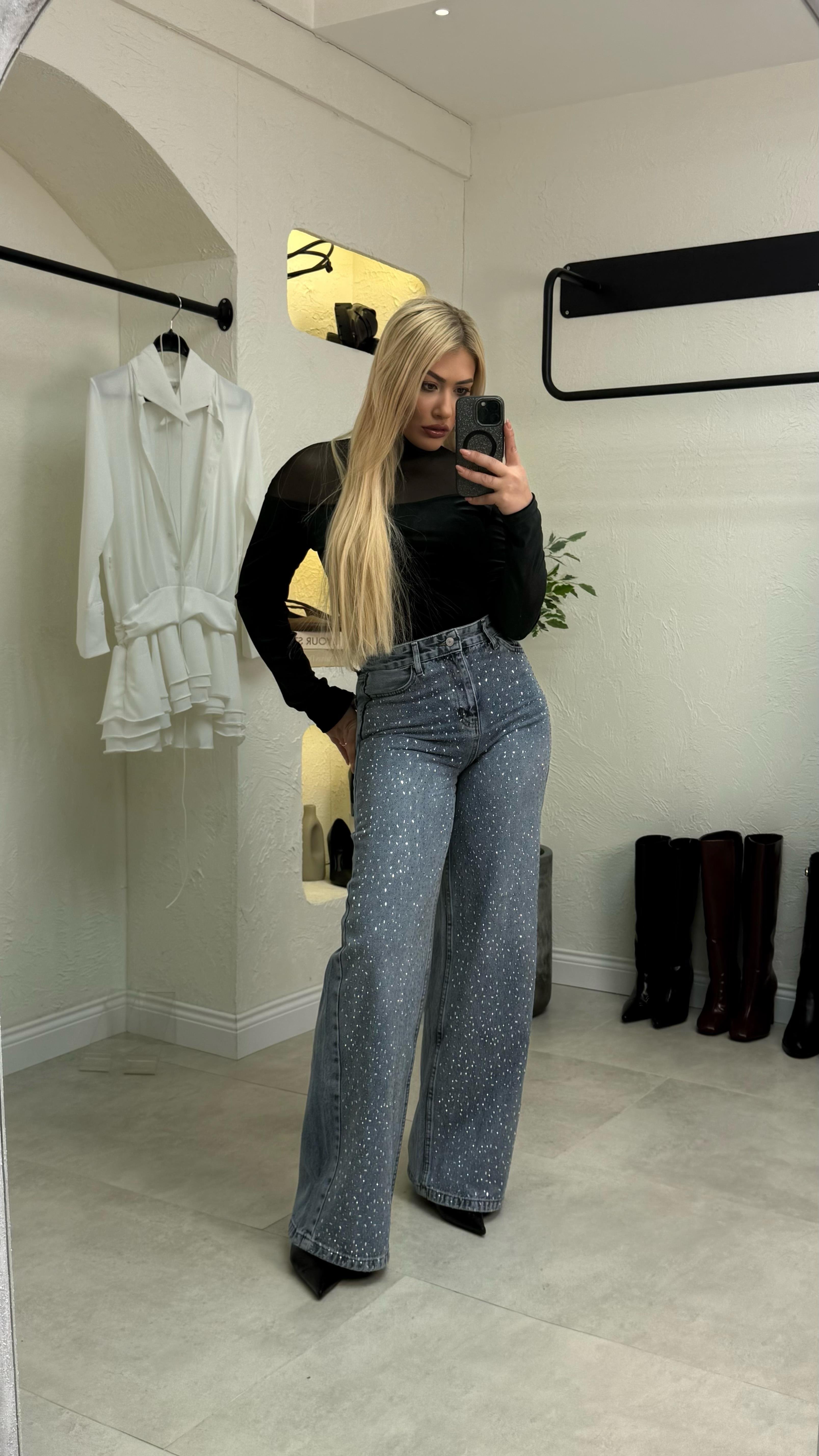 A.Mavi Taşlı Wide Leg Jean