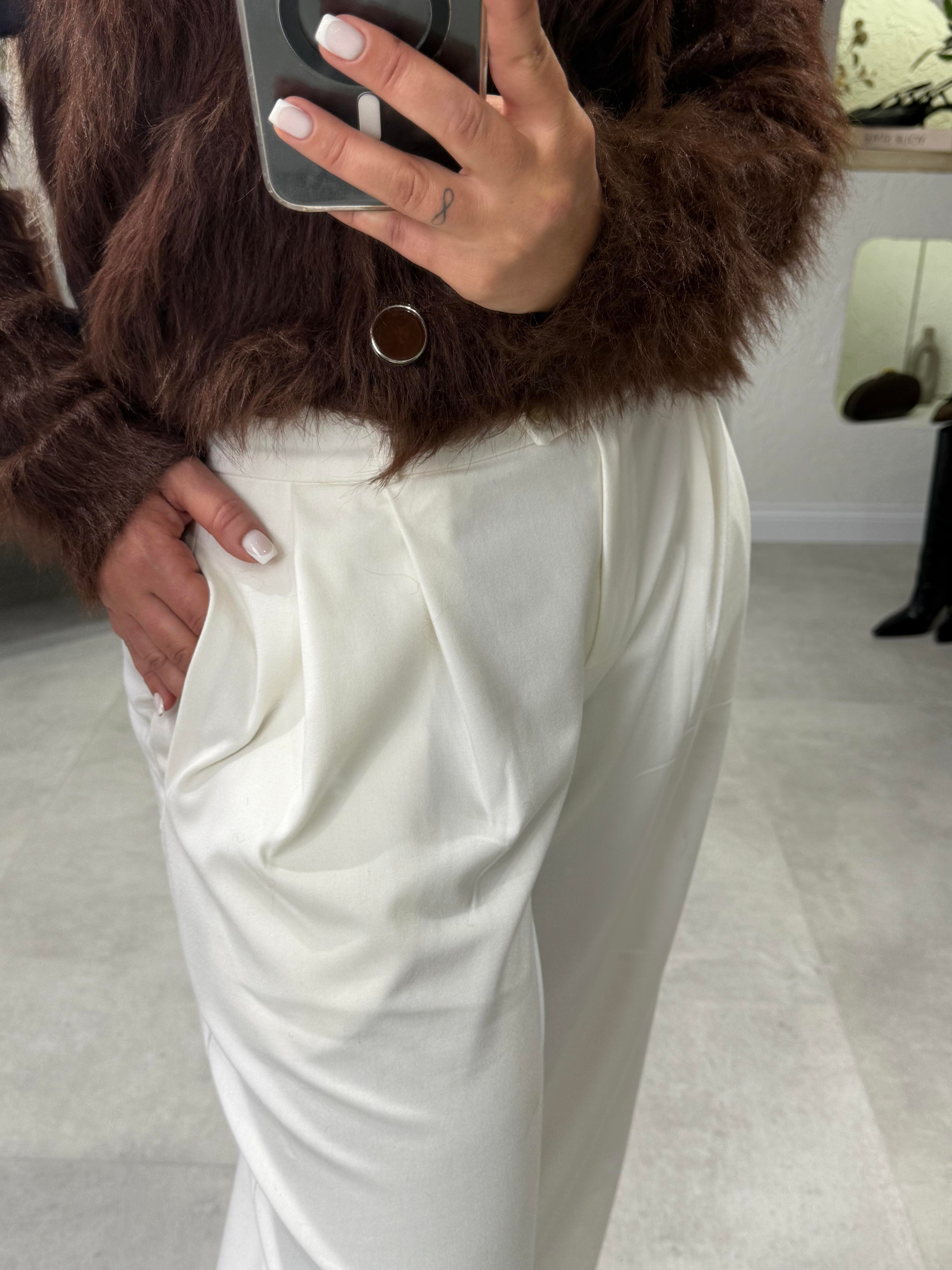 Beyaz Beli Lastikli Palazzo Pantolon