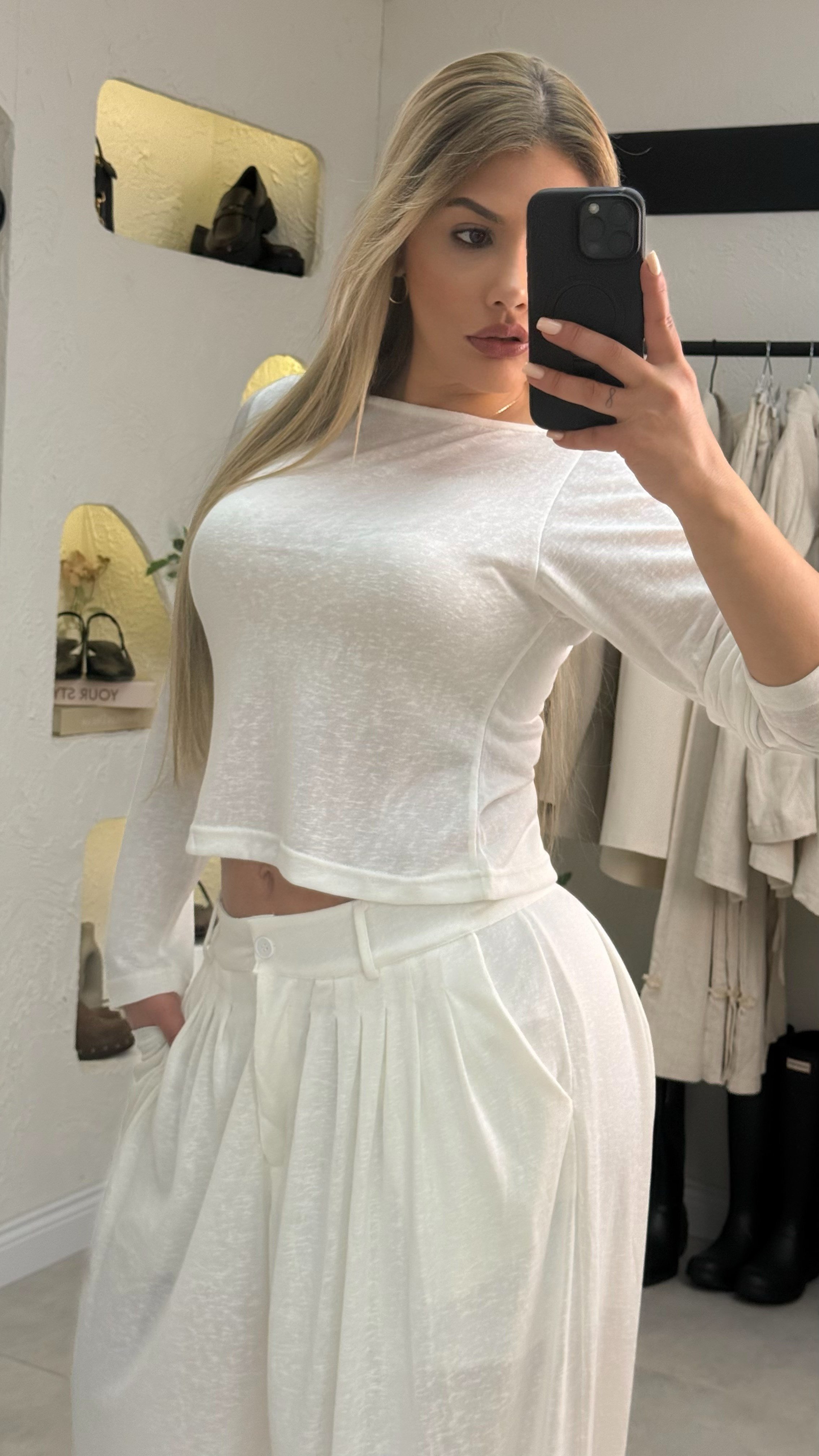 Beyaz Penye Palazzo Pantolon Bluz Takım