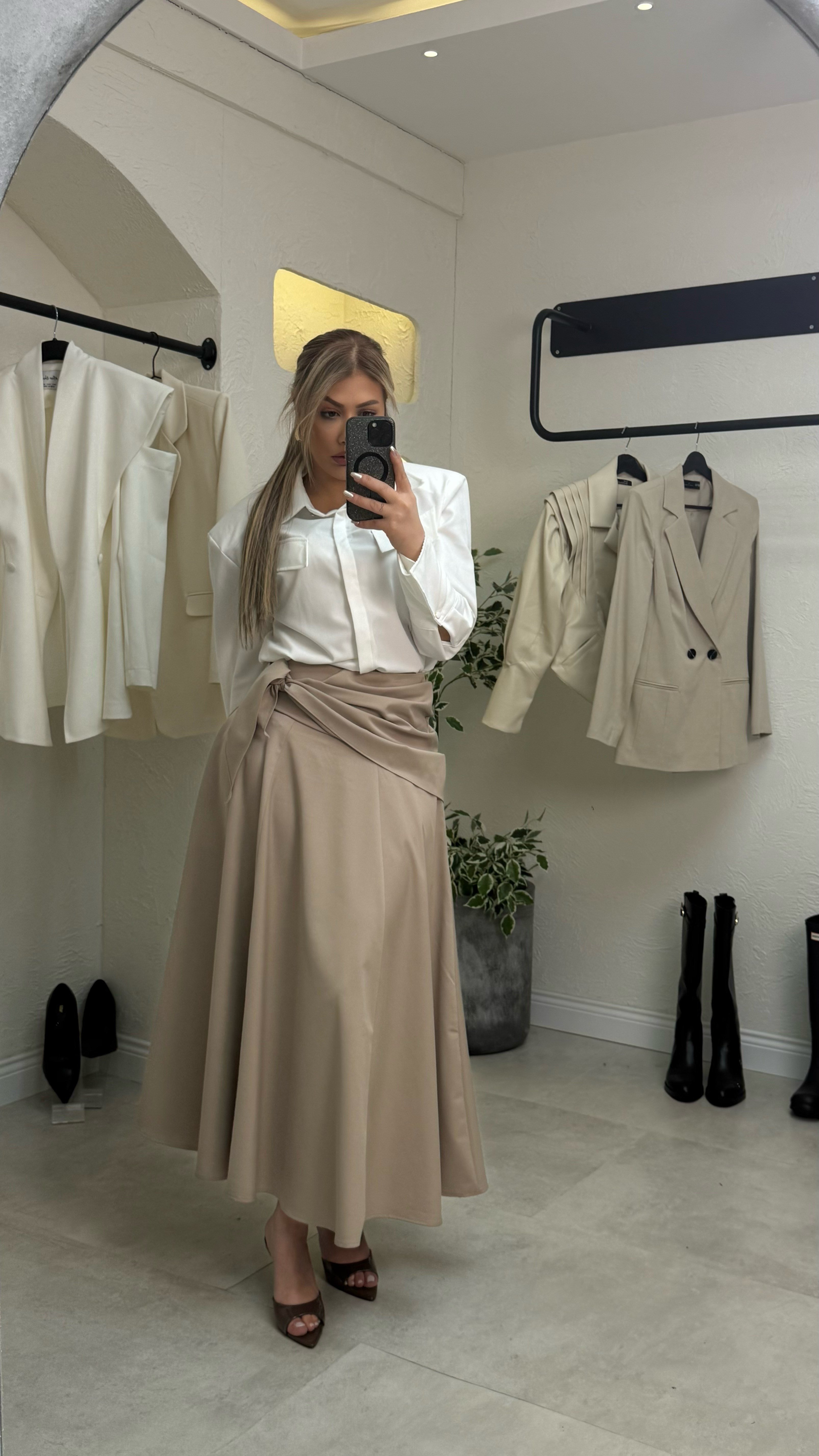 Ekru Maxi Boy Şal Detaylı Etek