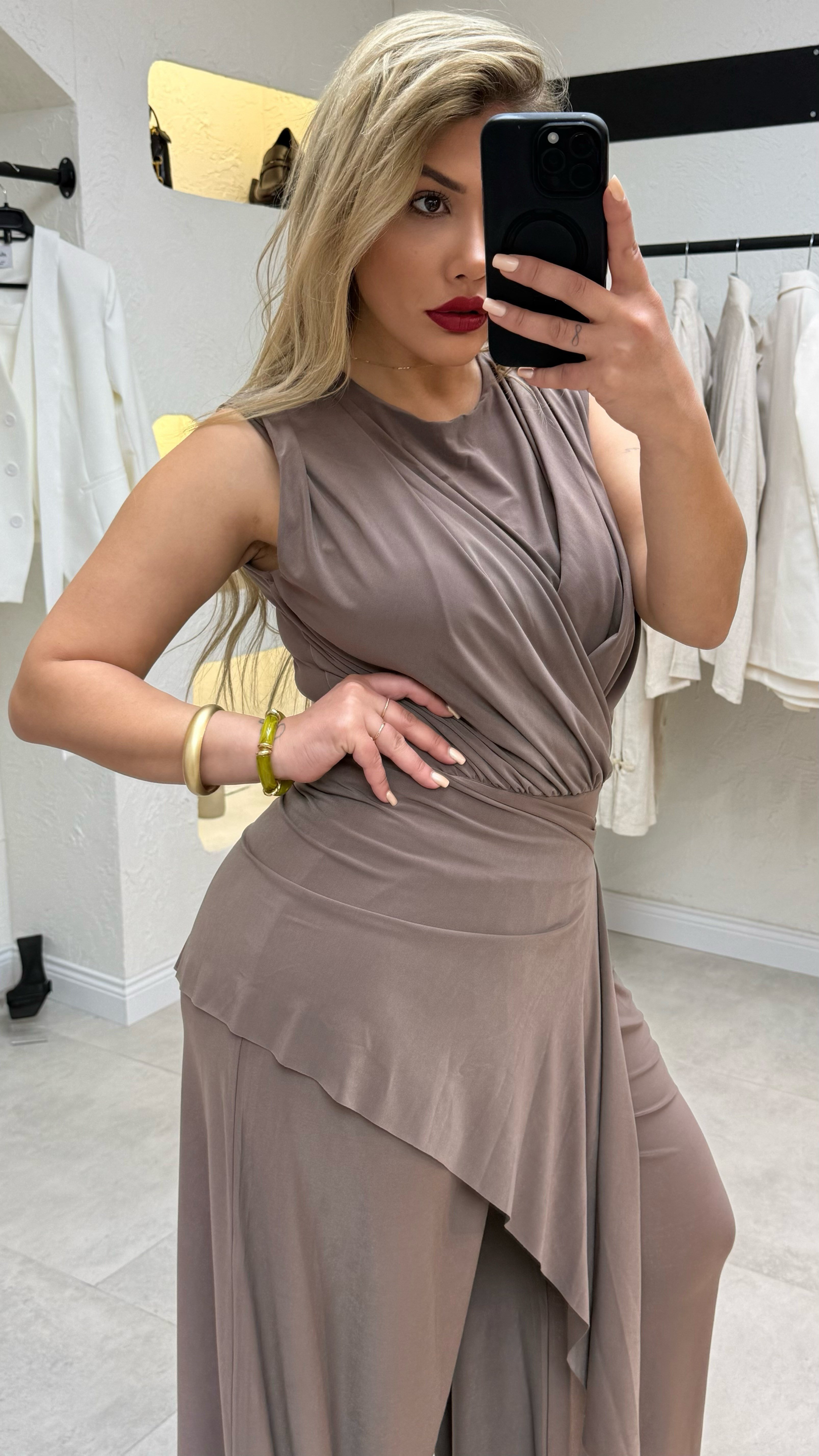 Kahve Bluz Bel Bağlama Detay Pantolon Takım