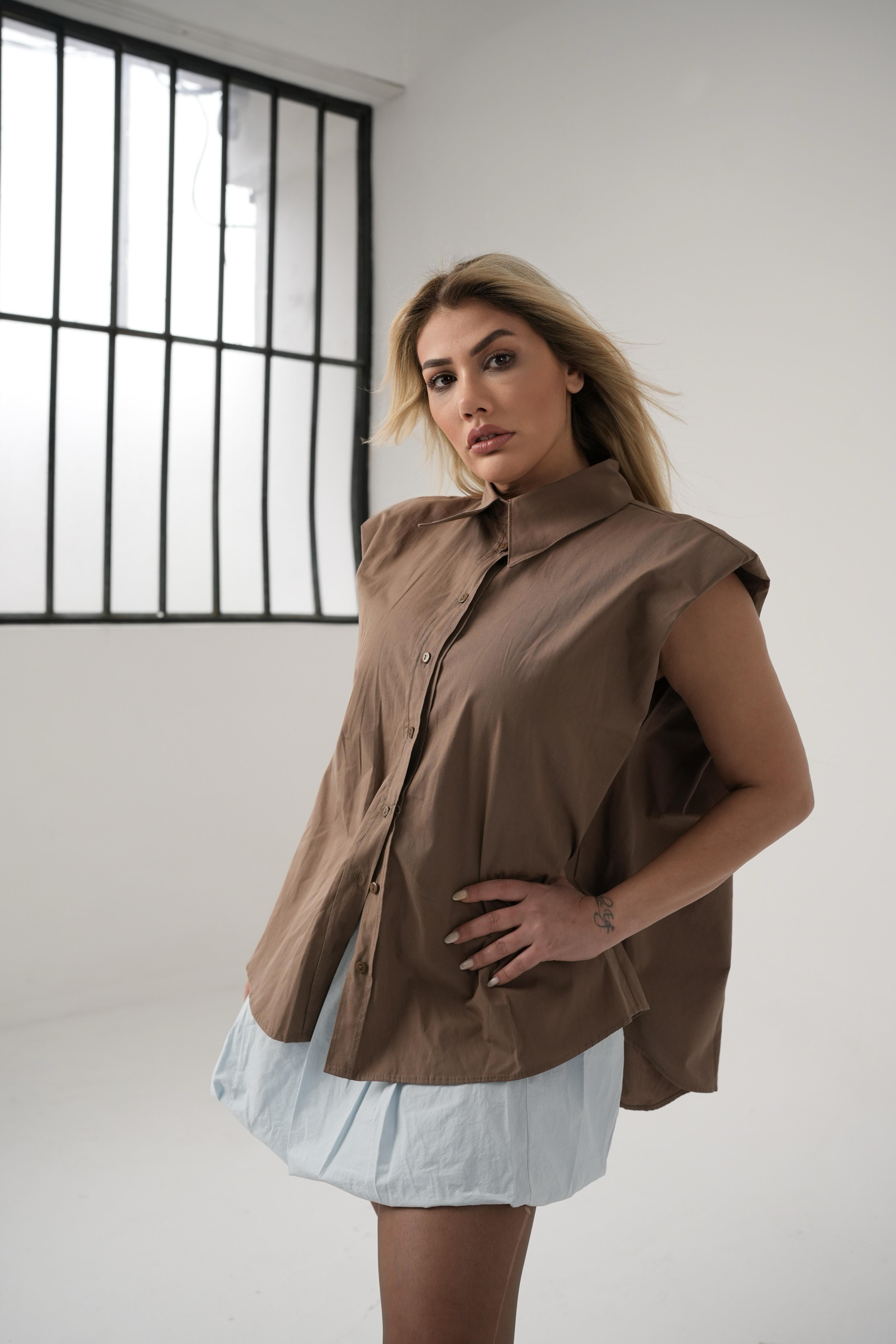 Kahve Kolsuz Vatkalı Oversize Gömlek