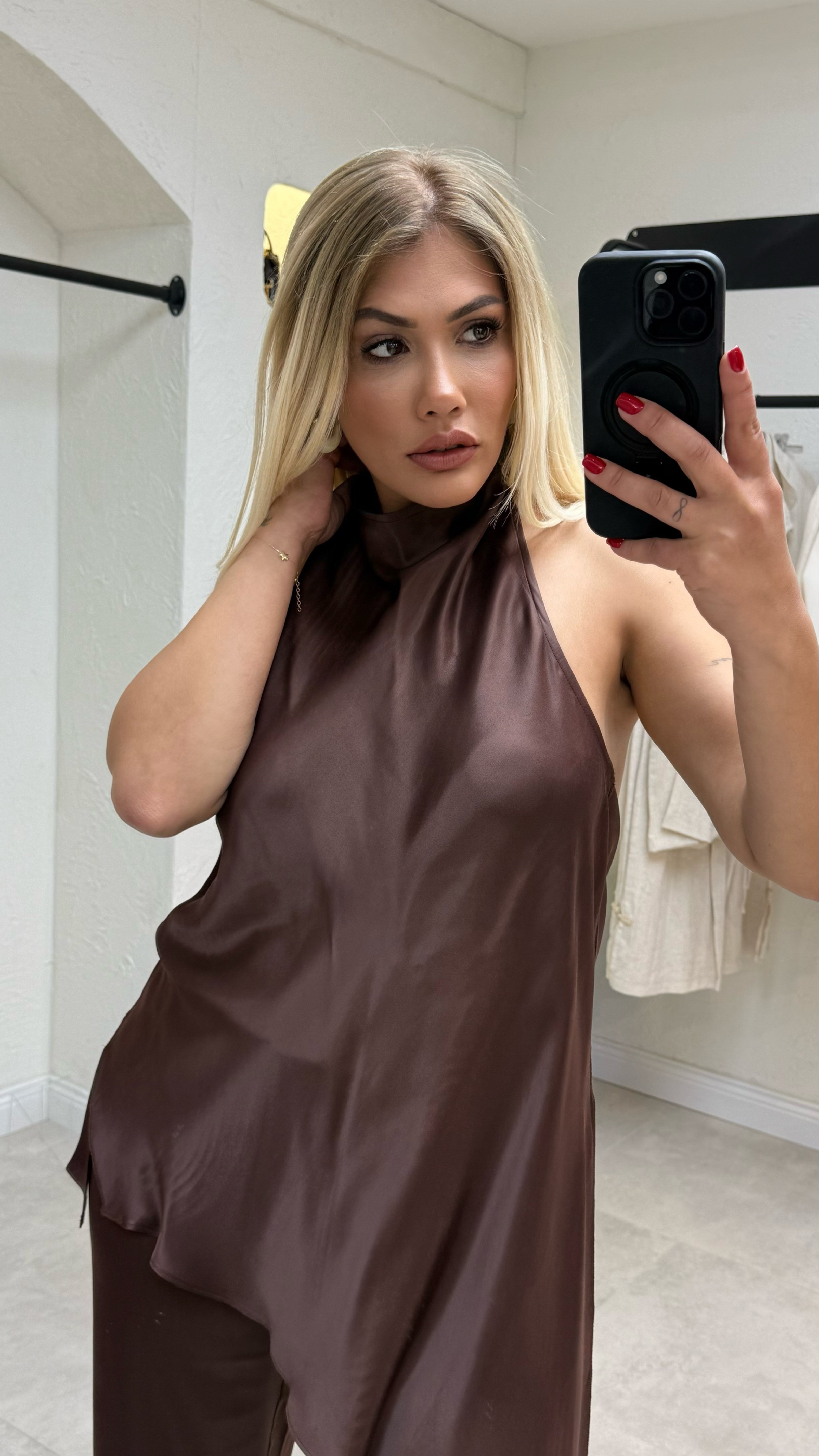 Kahve Saten Pantolon Bluz Takım