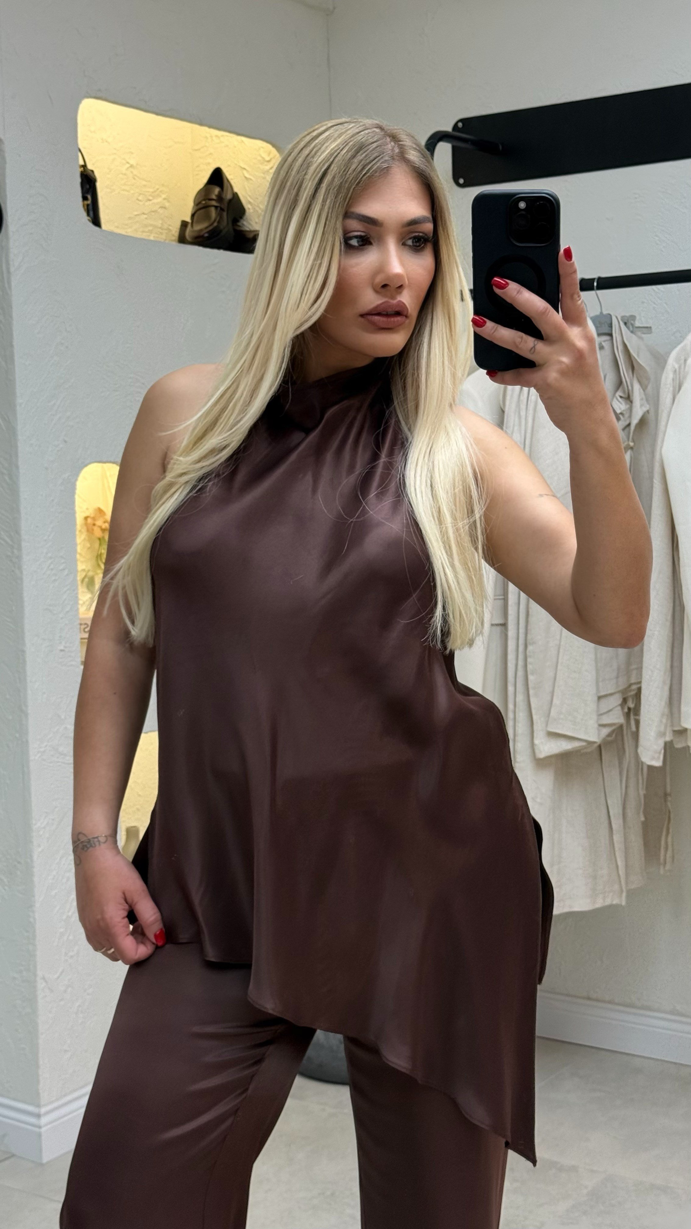 Kahve Saten Pantolon Bluz Takım
