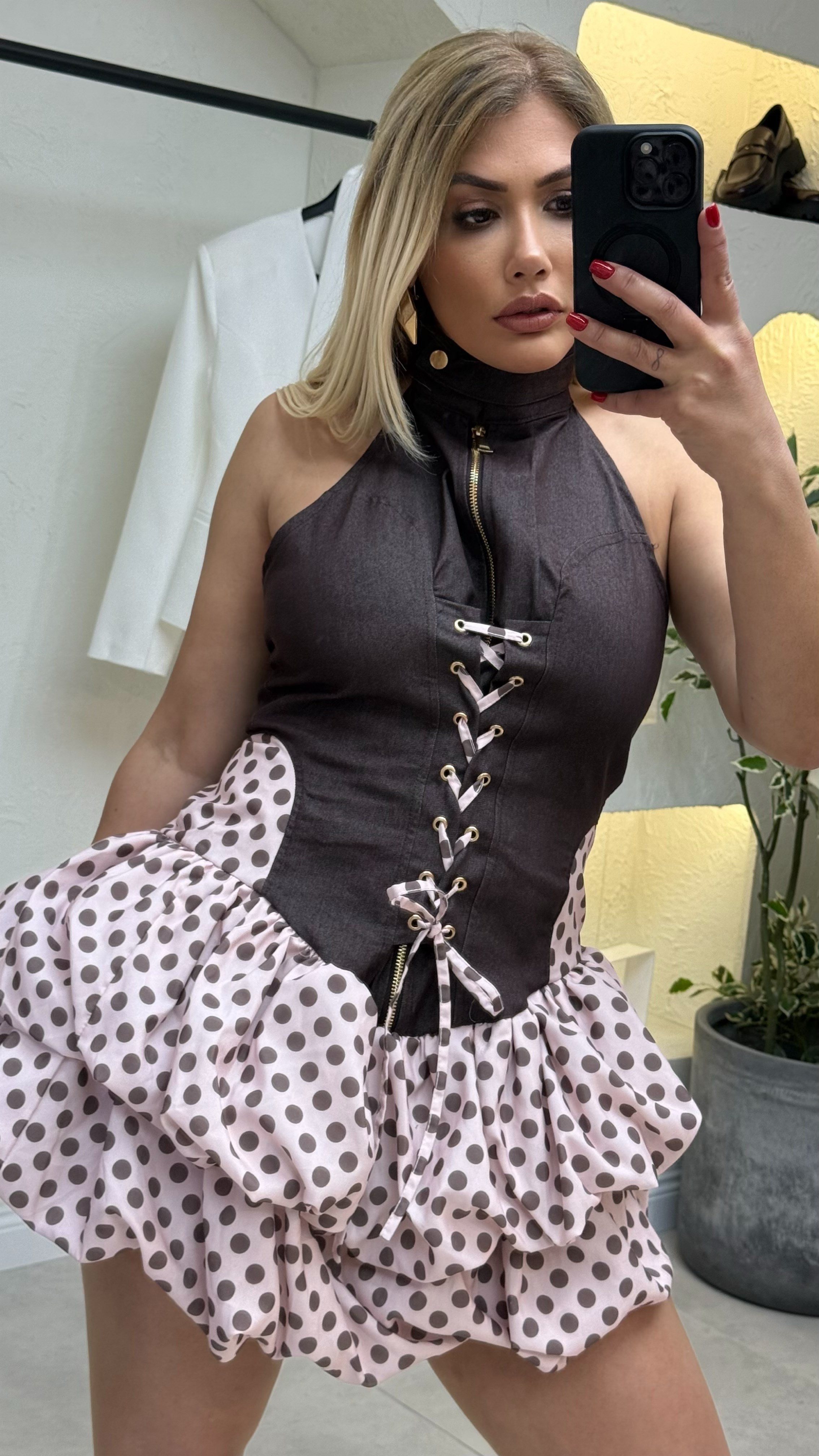 Kot Kahve Puantiyeli Mini Elbise