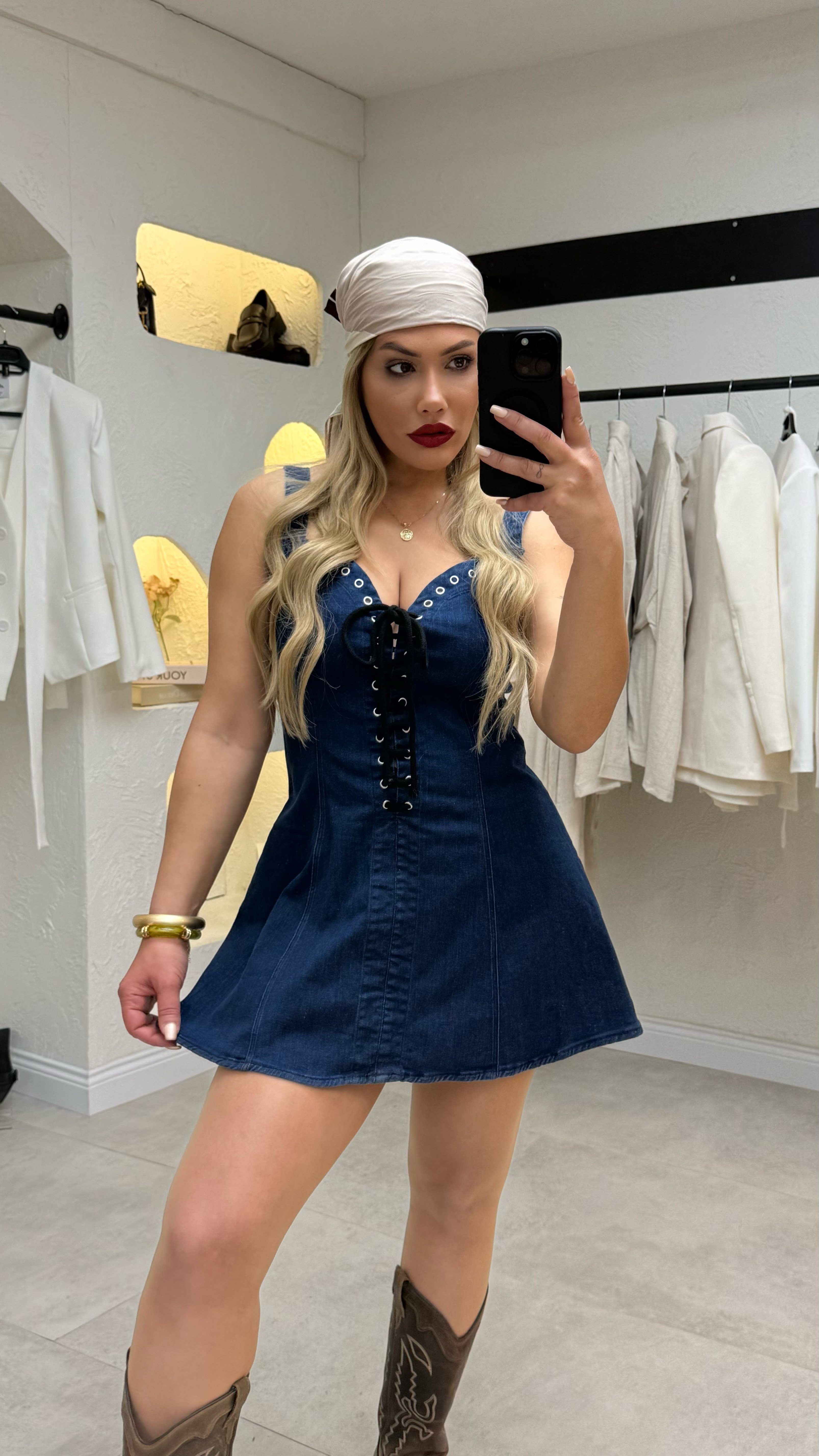 Kuş Göz Detaylı Denim Elbise