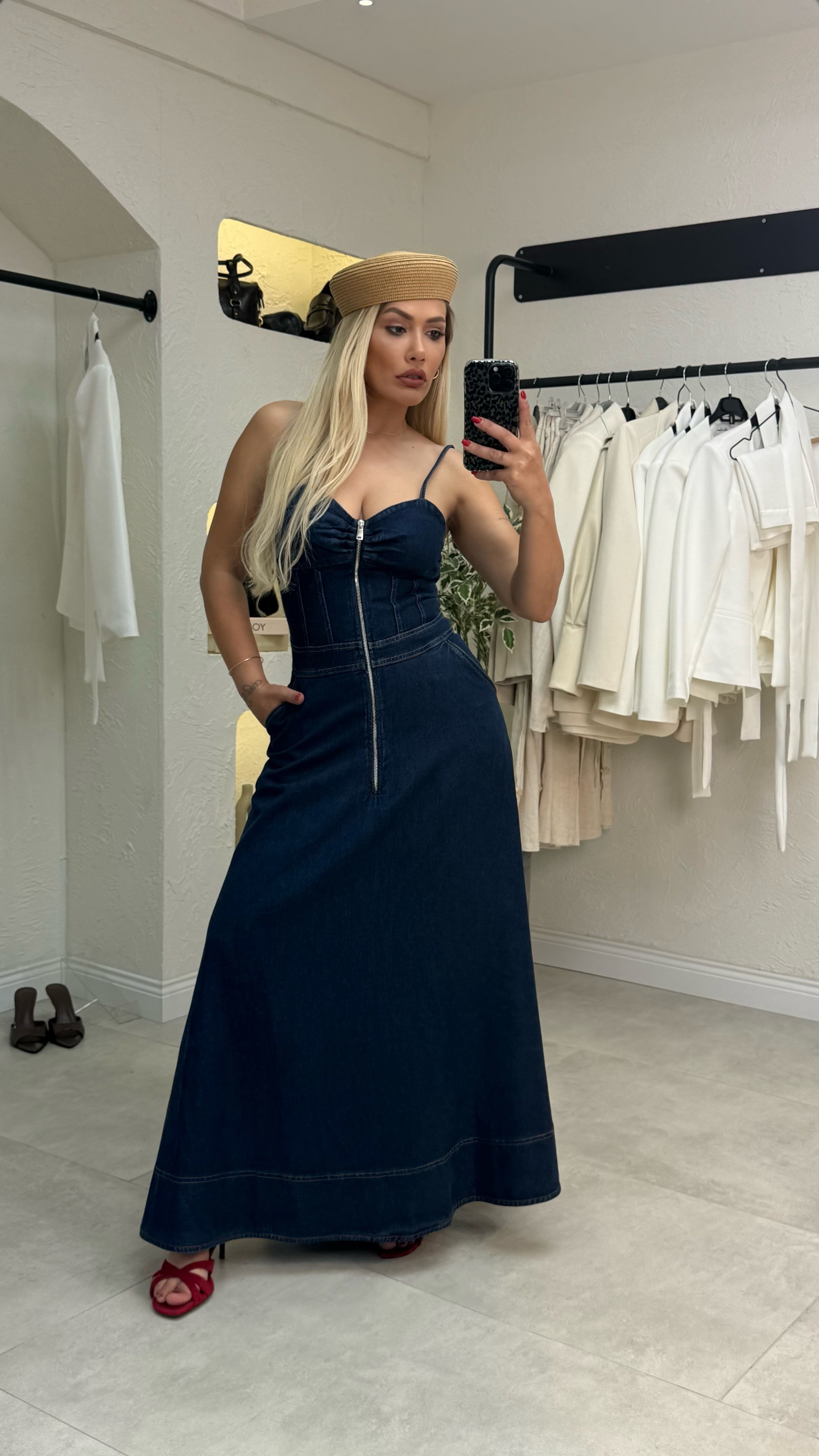 Lacivert Denim Askılı Elbise