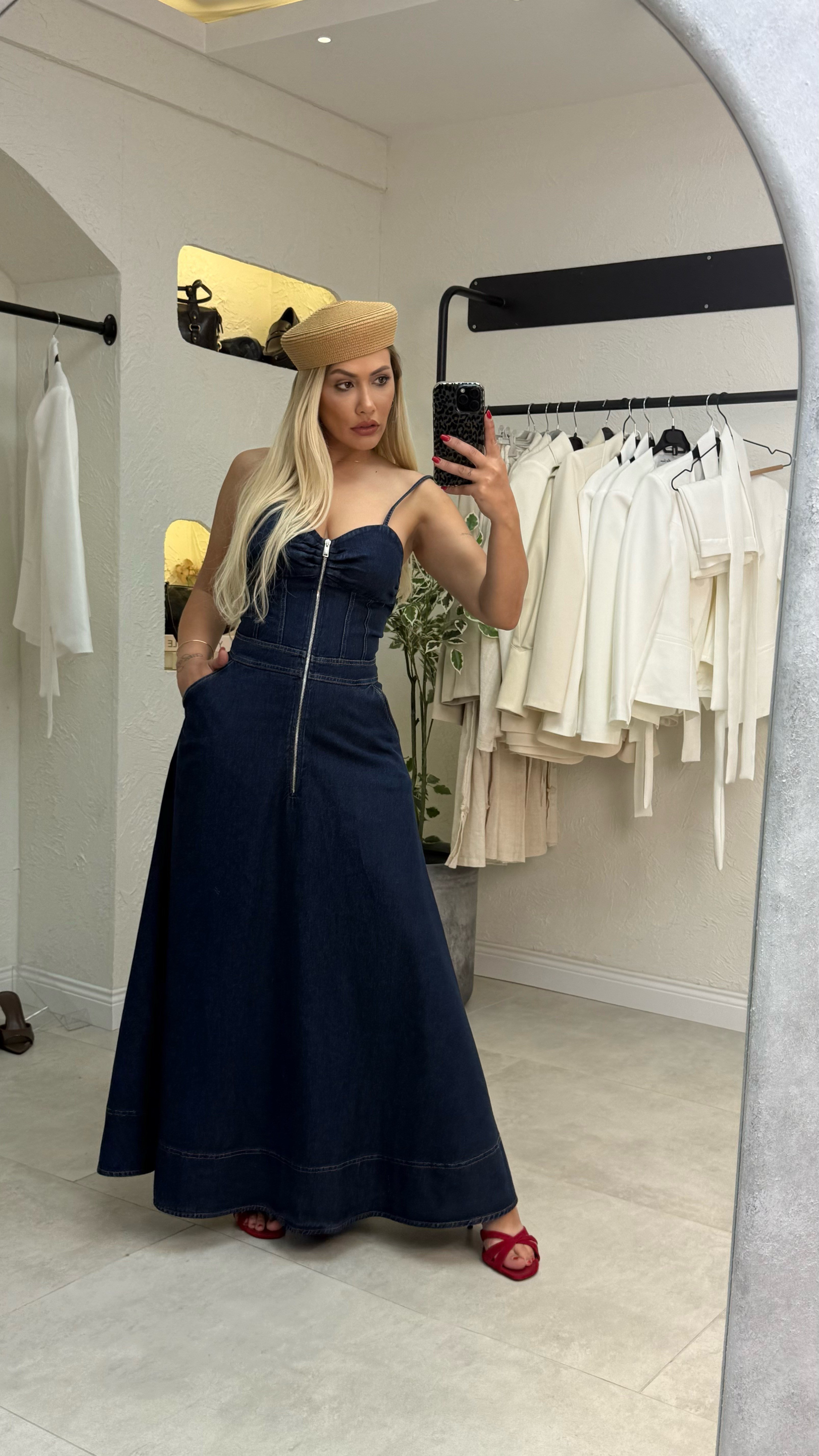 Lacivert Denim Askılı Elbise