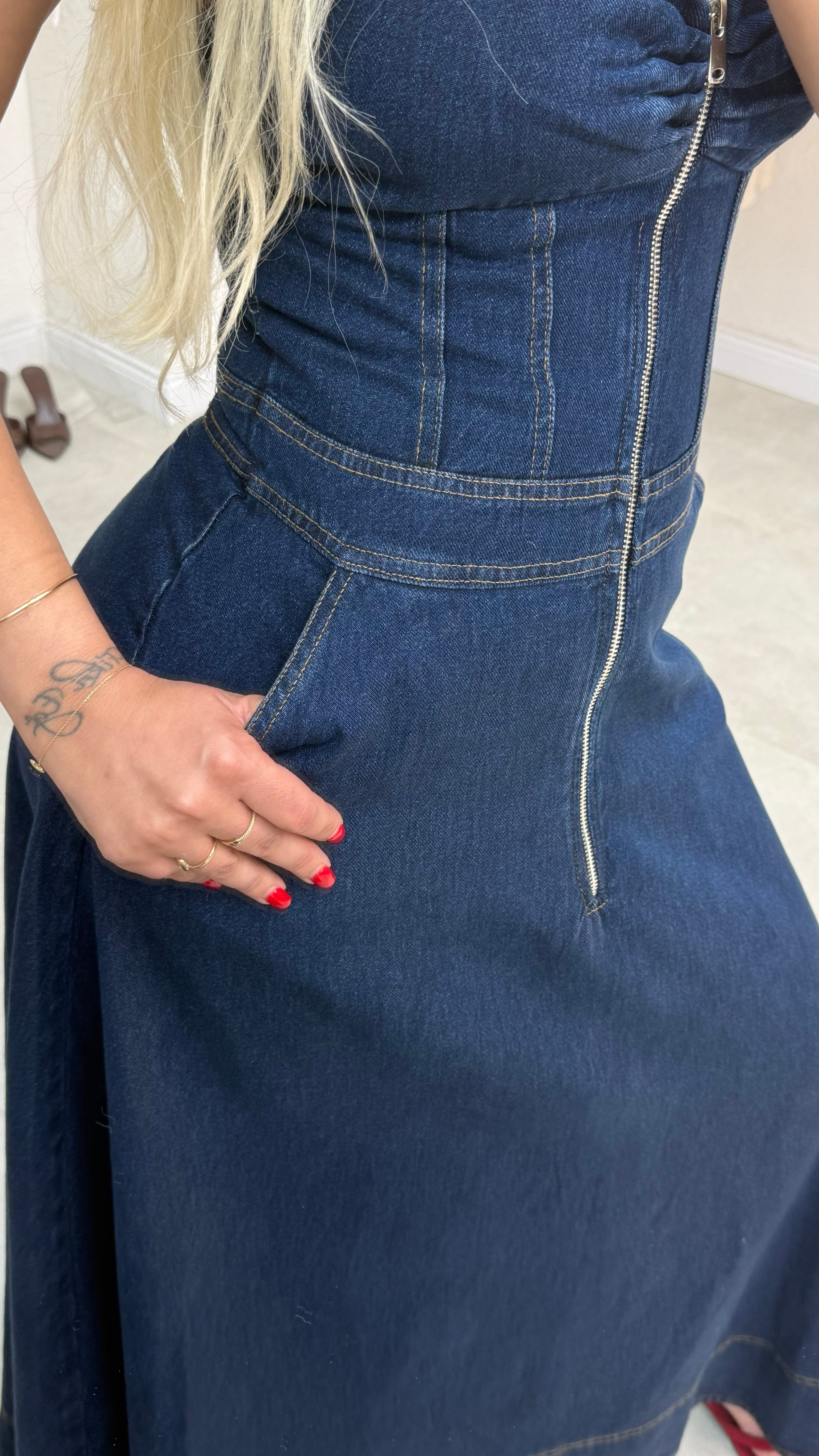 Lacivert Denim Askılı Elbise