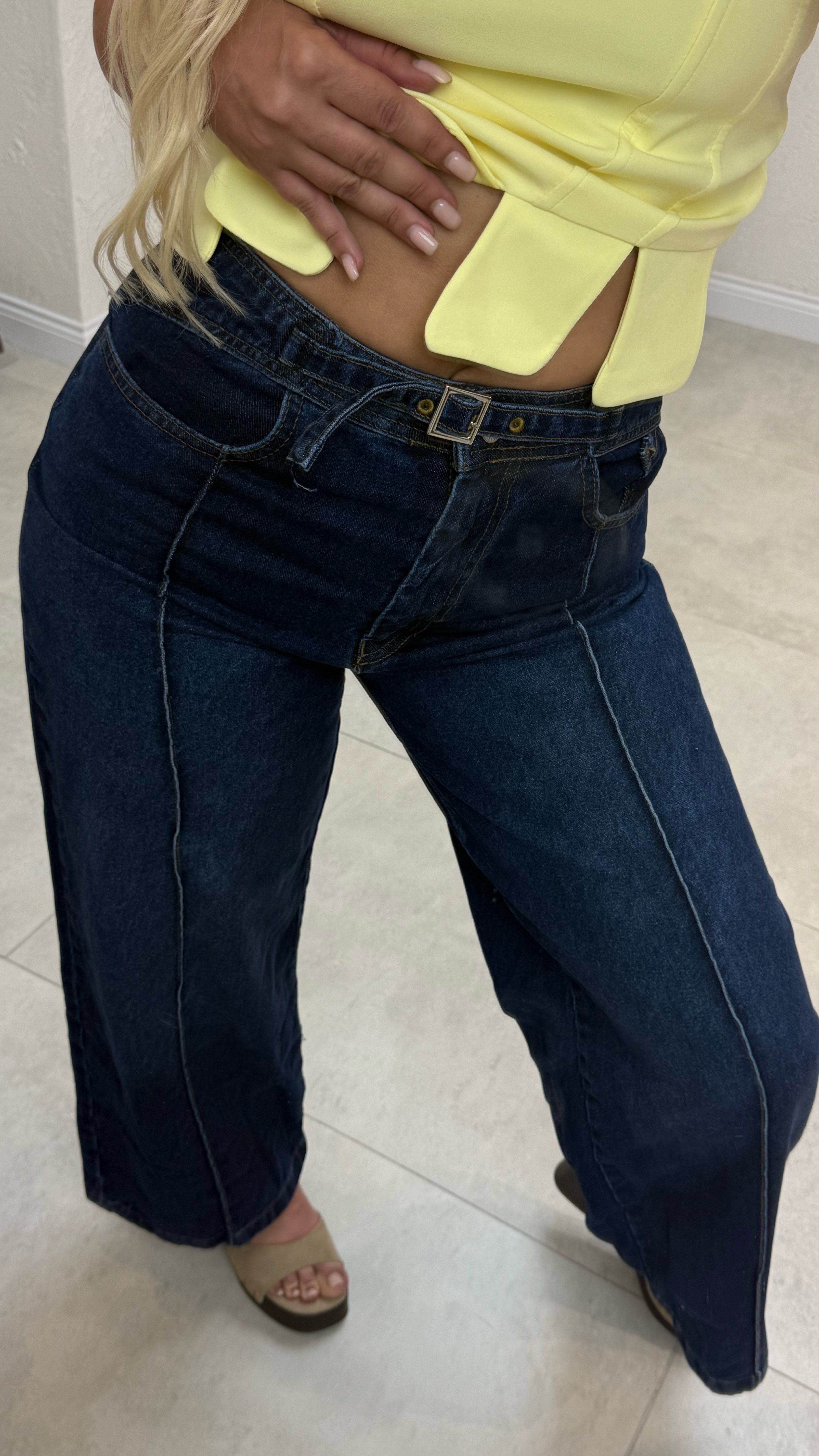 Lacivert Denim Kemer Detaylı Jean