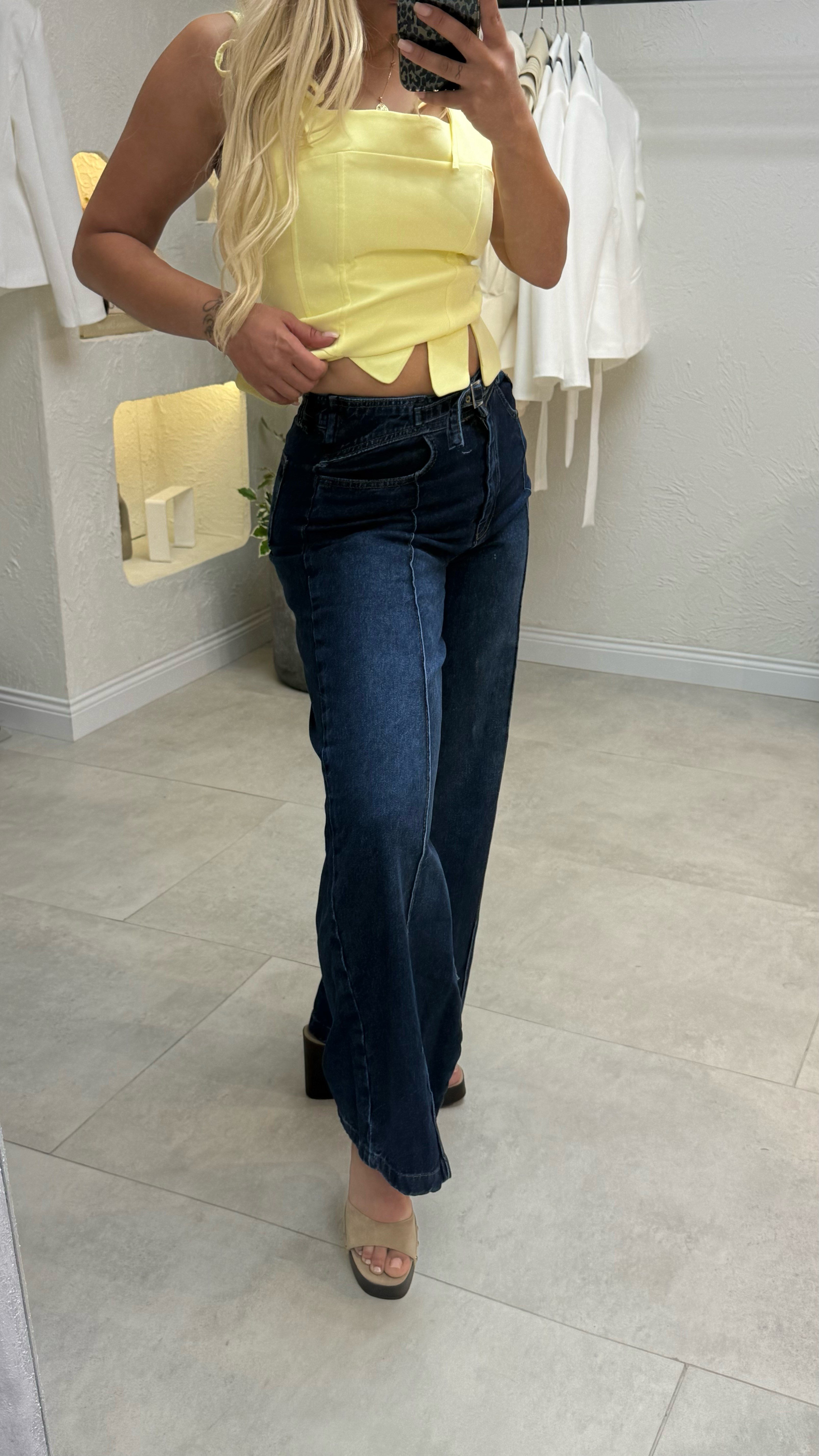 Lacivert Denim Kemer Detaylı Jean