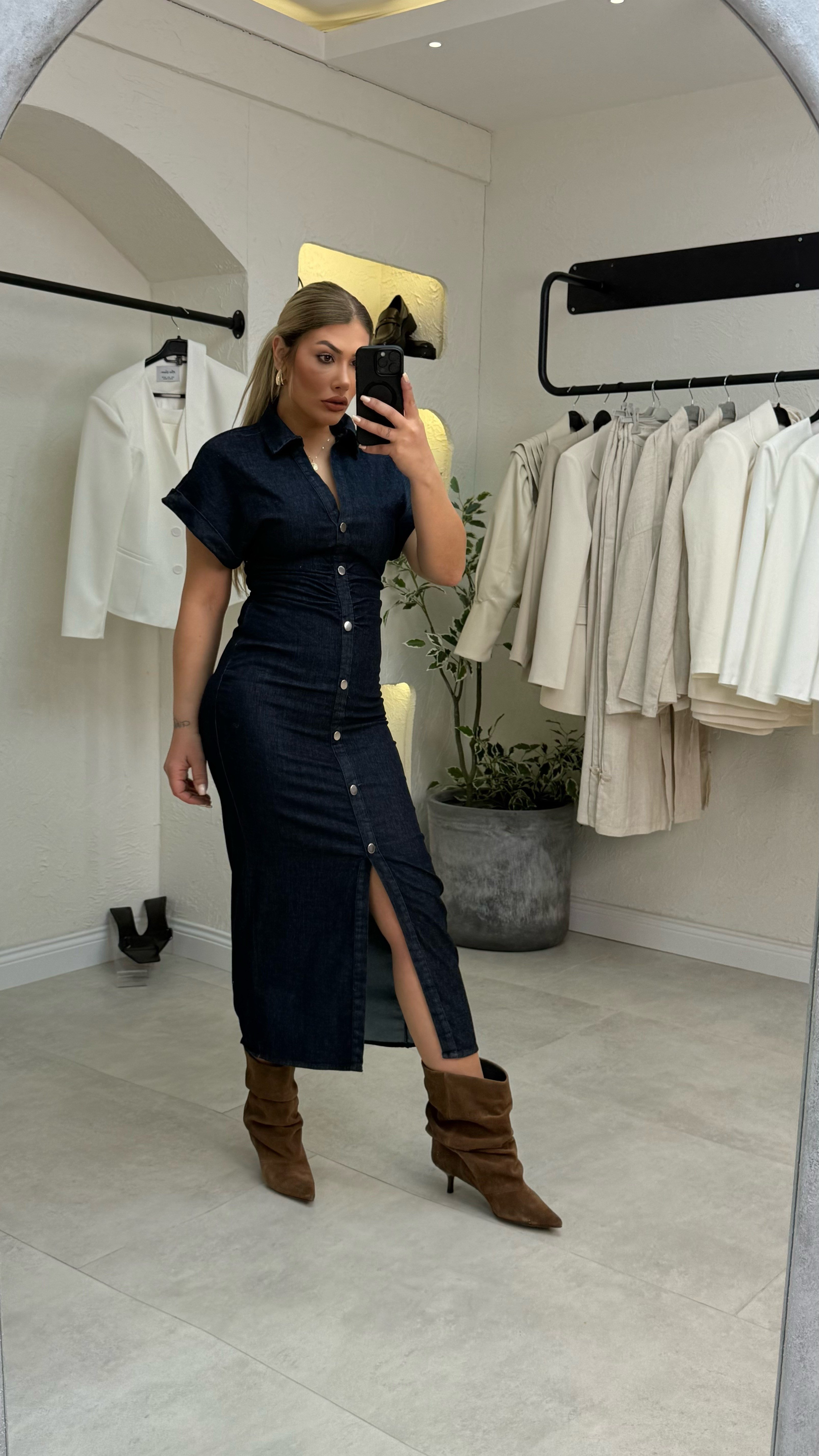 Lacivert Düşük Kol Drapeli Denim Elbise