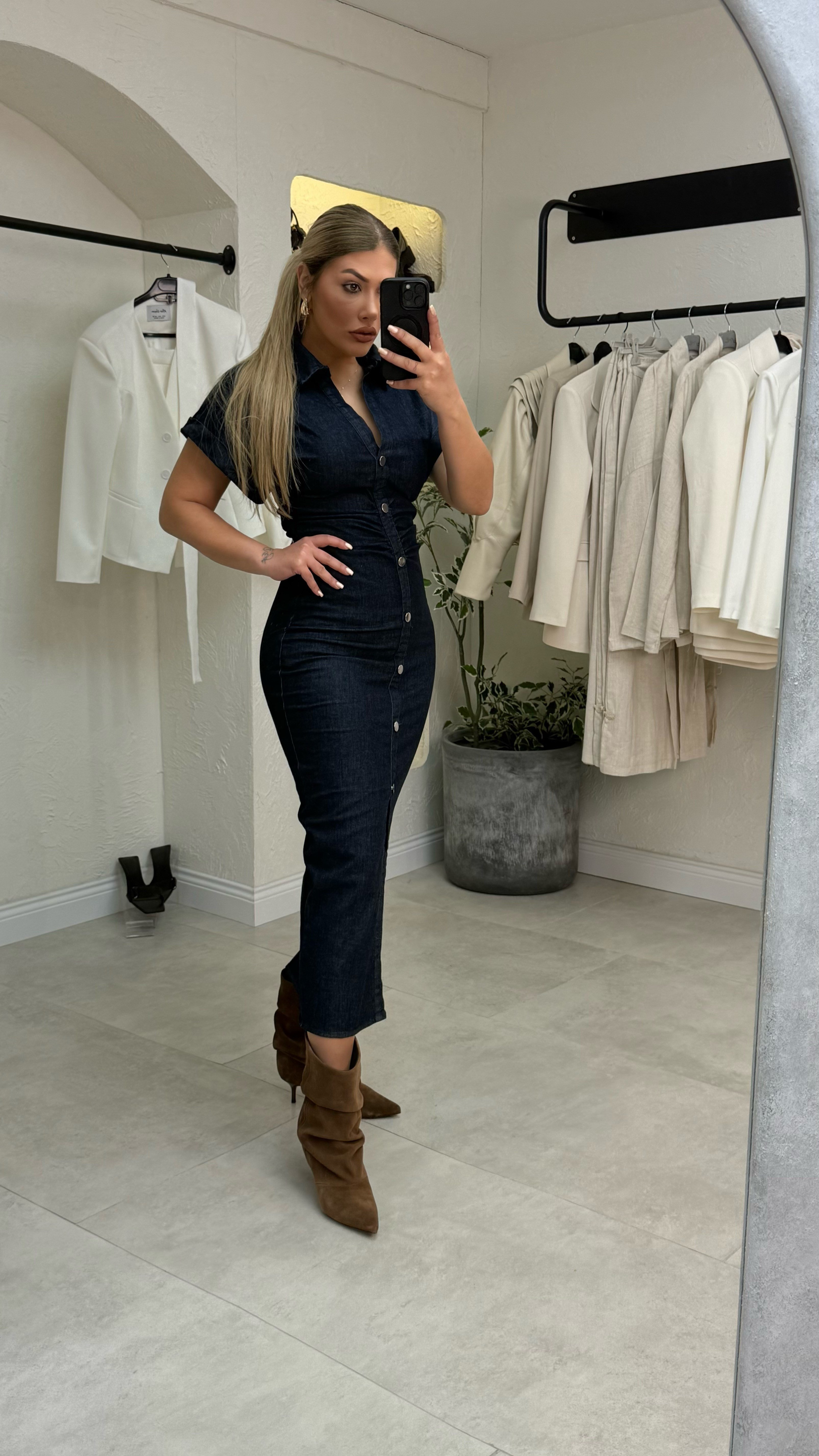 Lacivert Düşük Kol Drapeli Denim Elbise