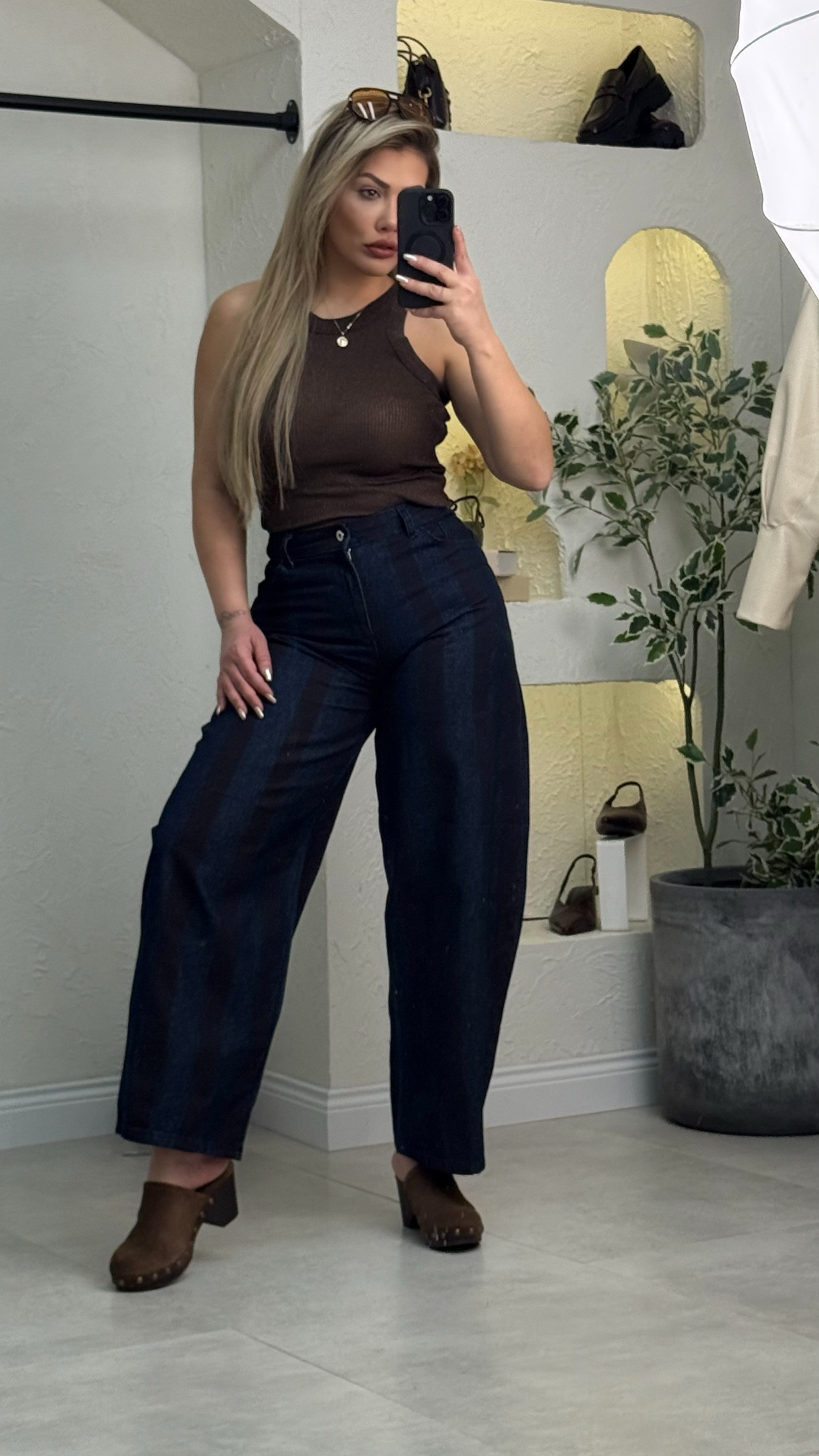 Lacivert Kahve Çizgili Baggy Denim Jean