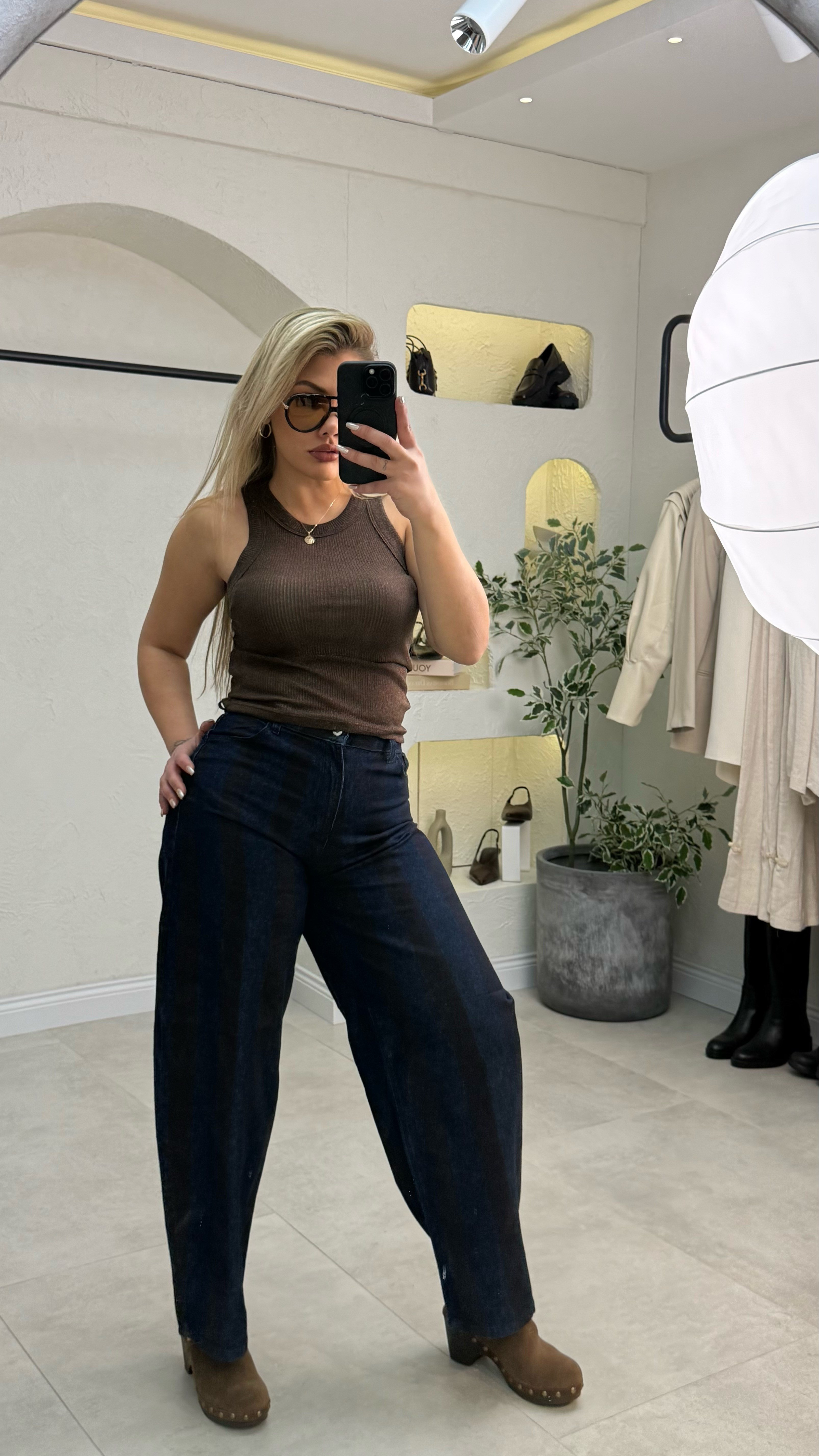 Lacivert Kahve Çizgili Baggy Denim Jean