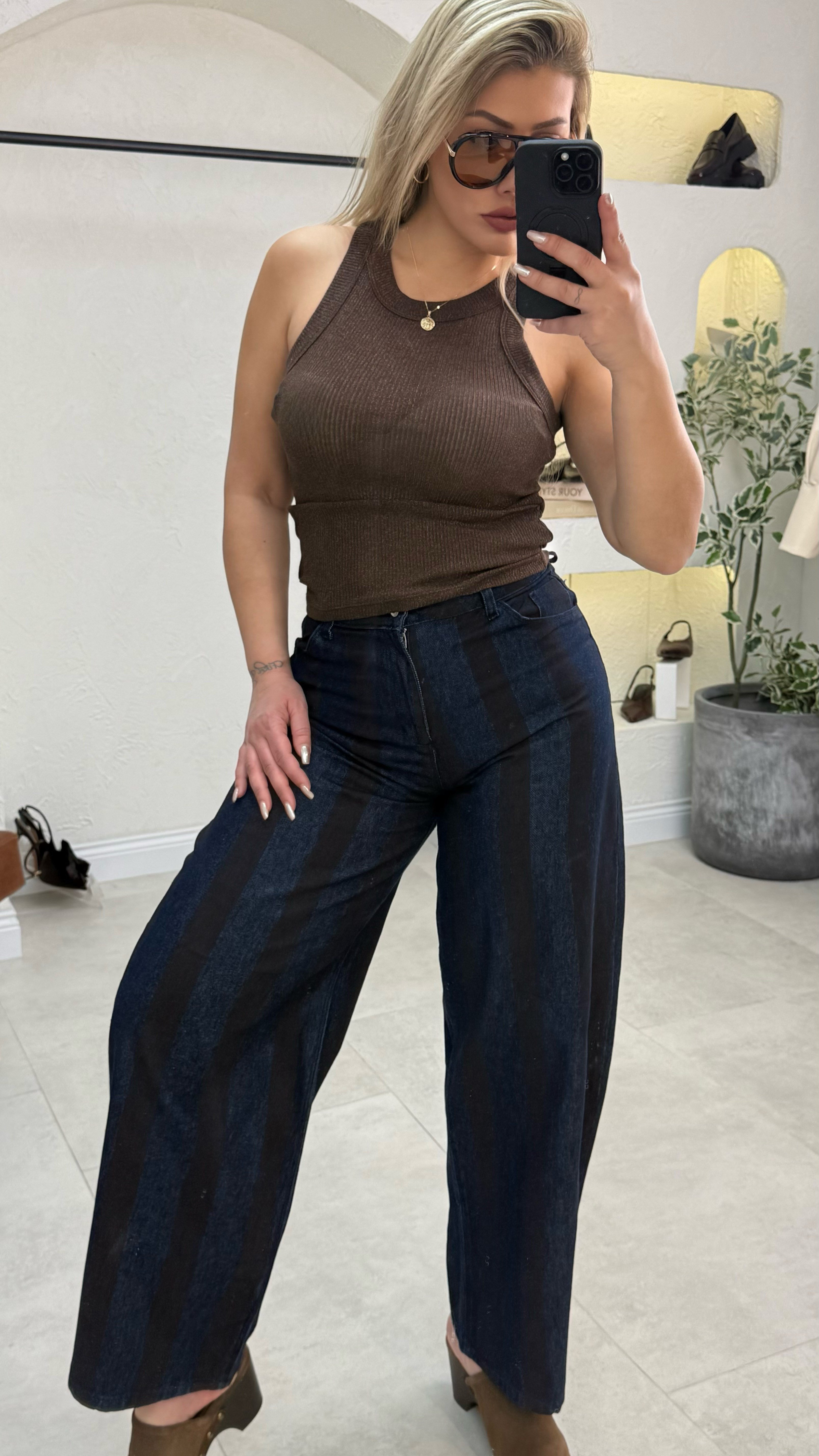 Lacivert Kahve Çizgili Baggy Denim Jean
