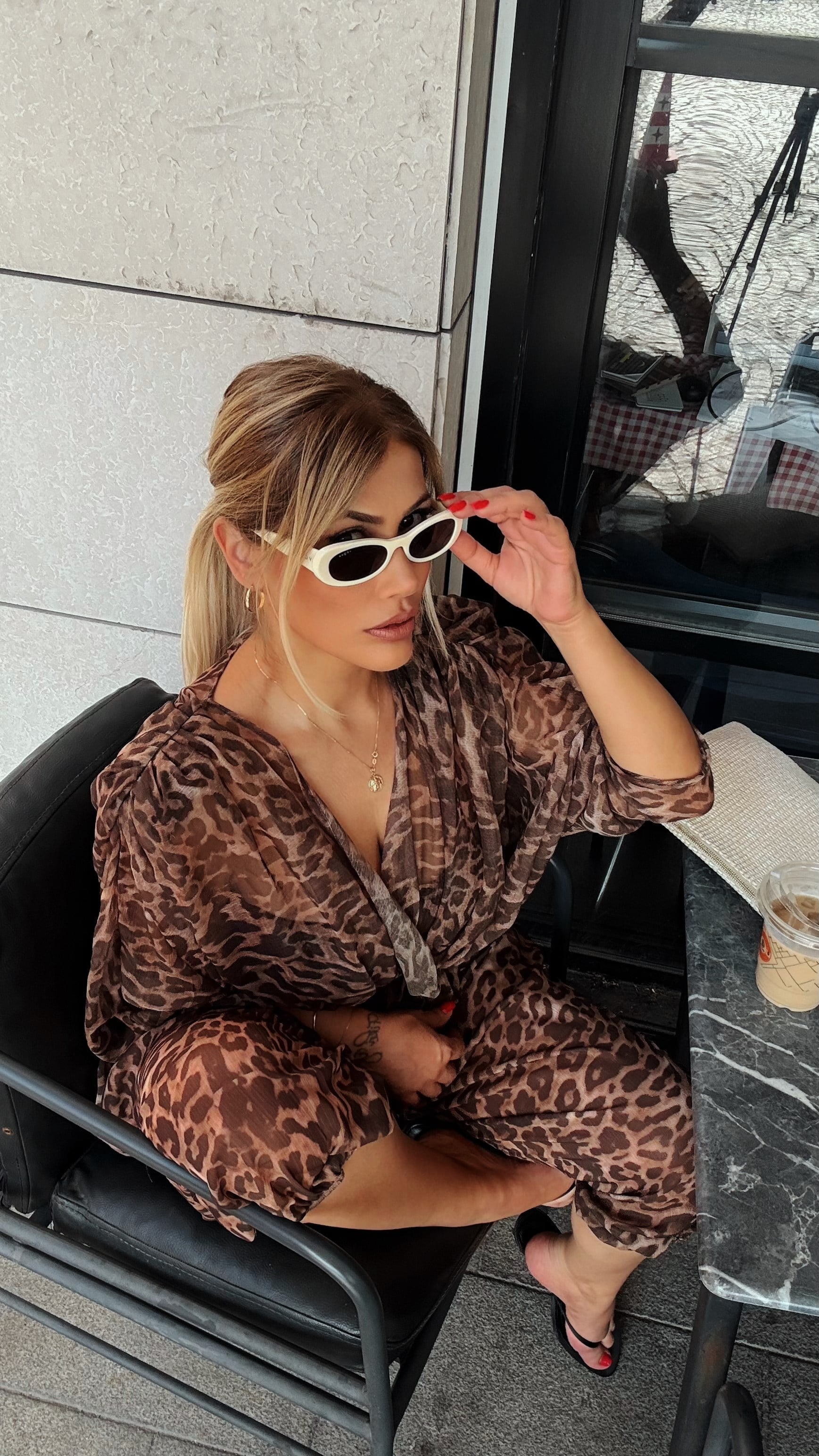 Leopar Tül Bluz Pantolon Takım