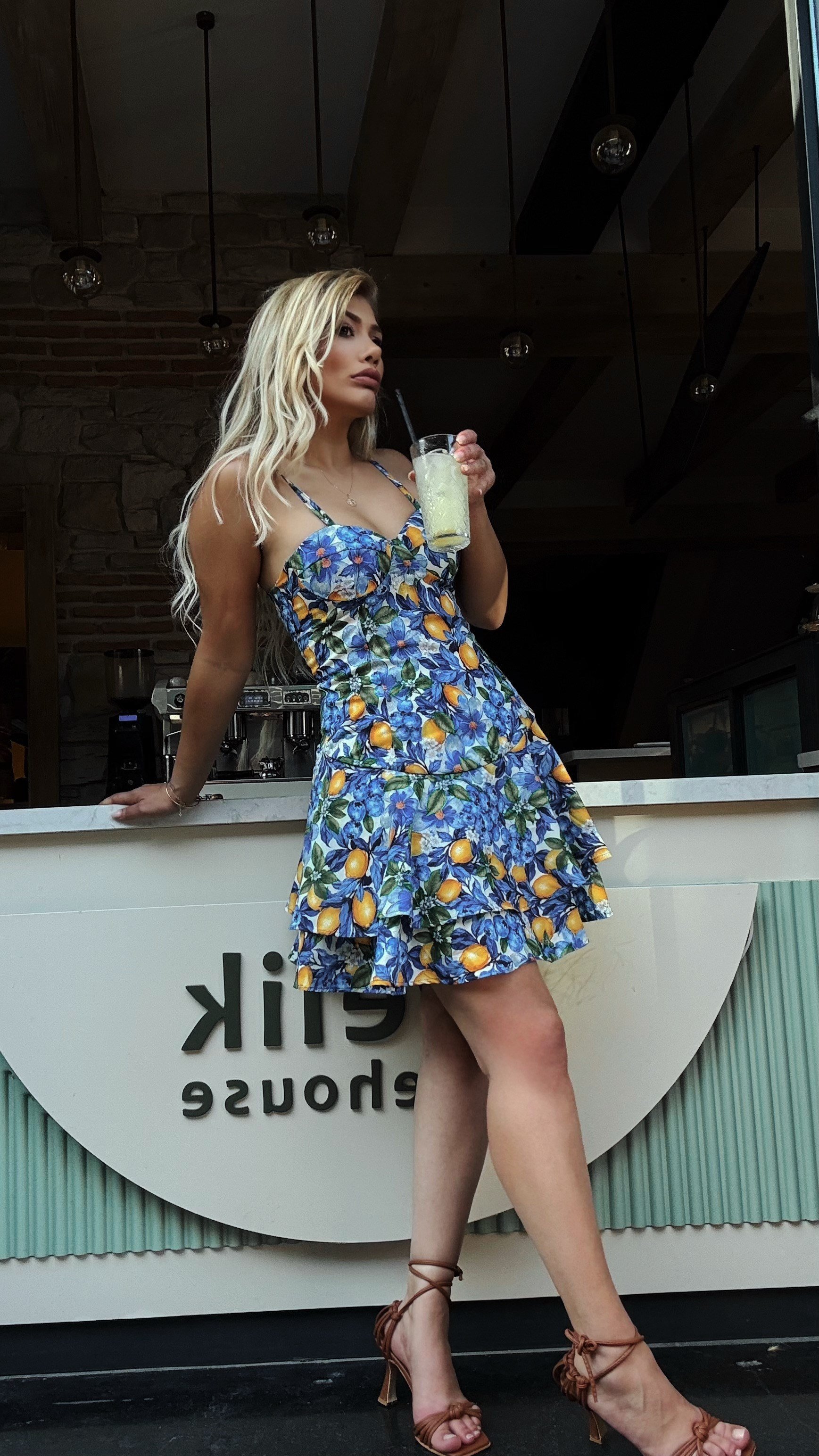 Mavi Limon Desenli Askılı Mini Elbise