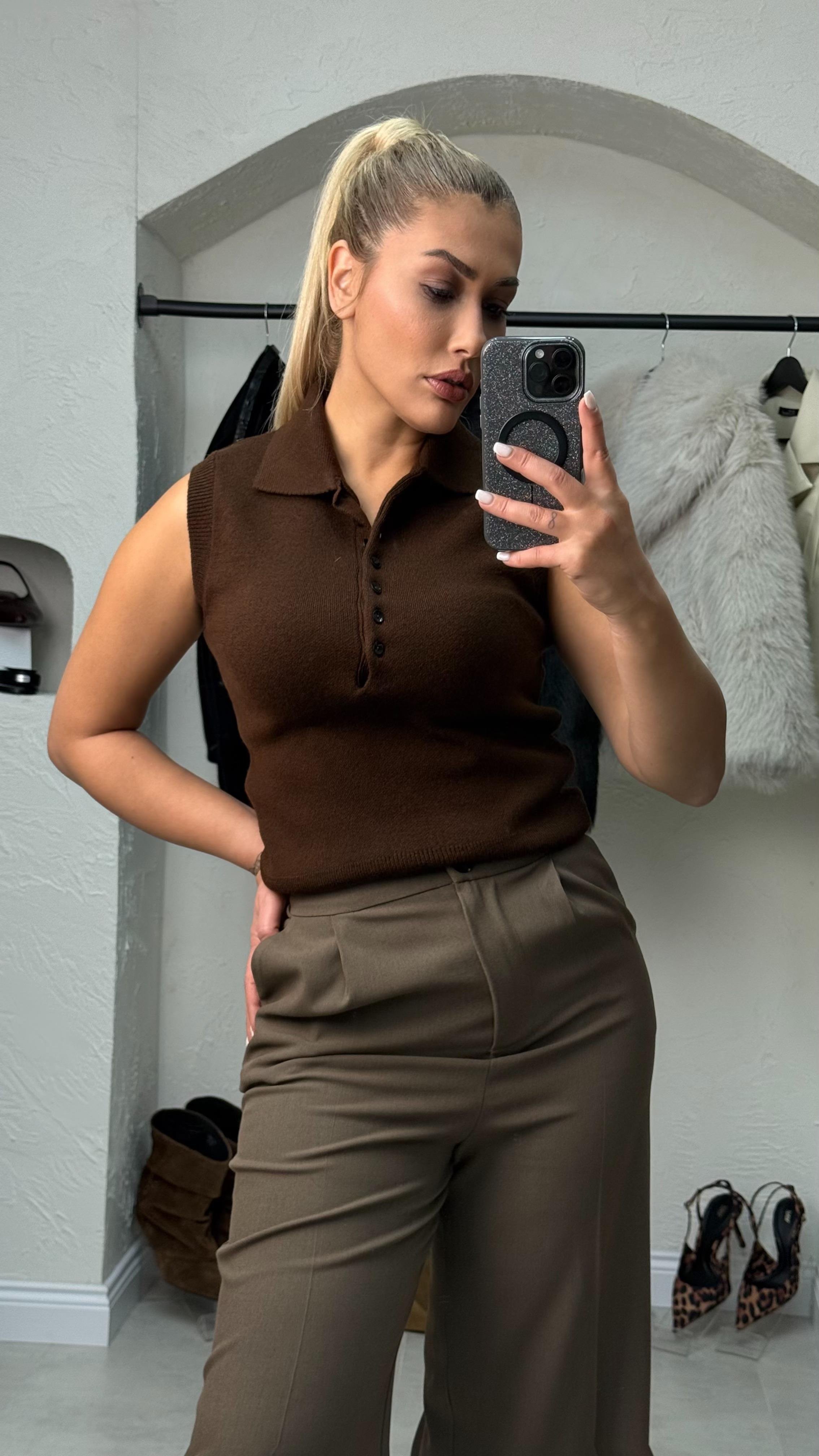 Polo Yaka Düğmeli Kahve Triko