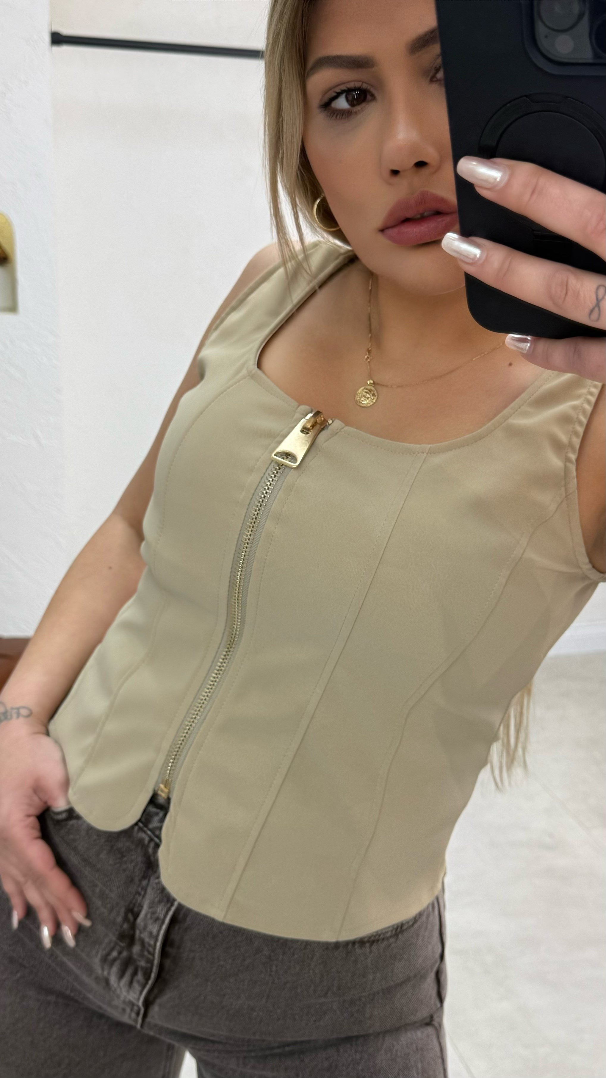 Taba Fermuarlı Nubuk Bluz