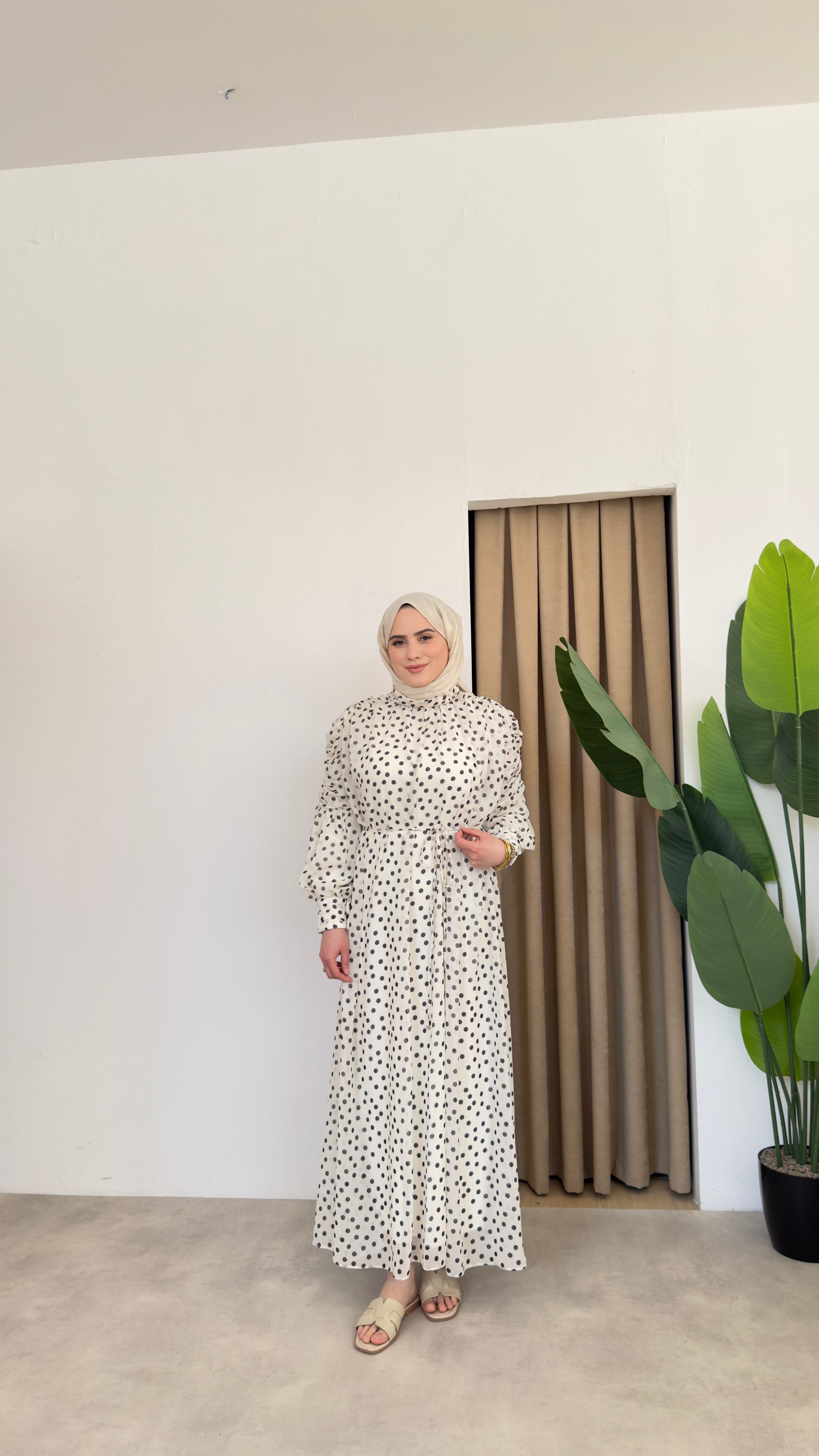 Asya Puantiyeli Elbise - Beyaz