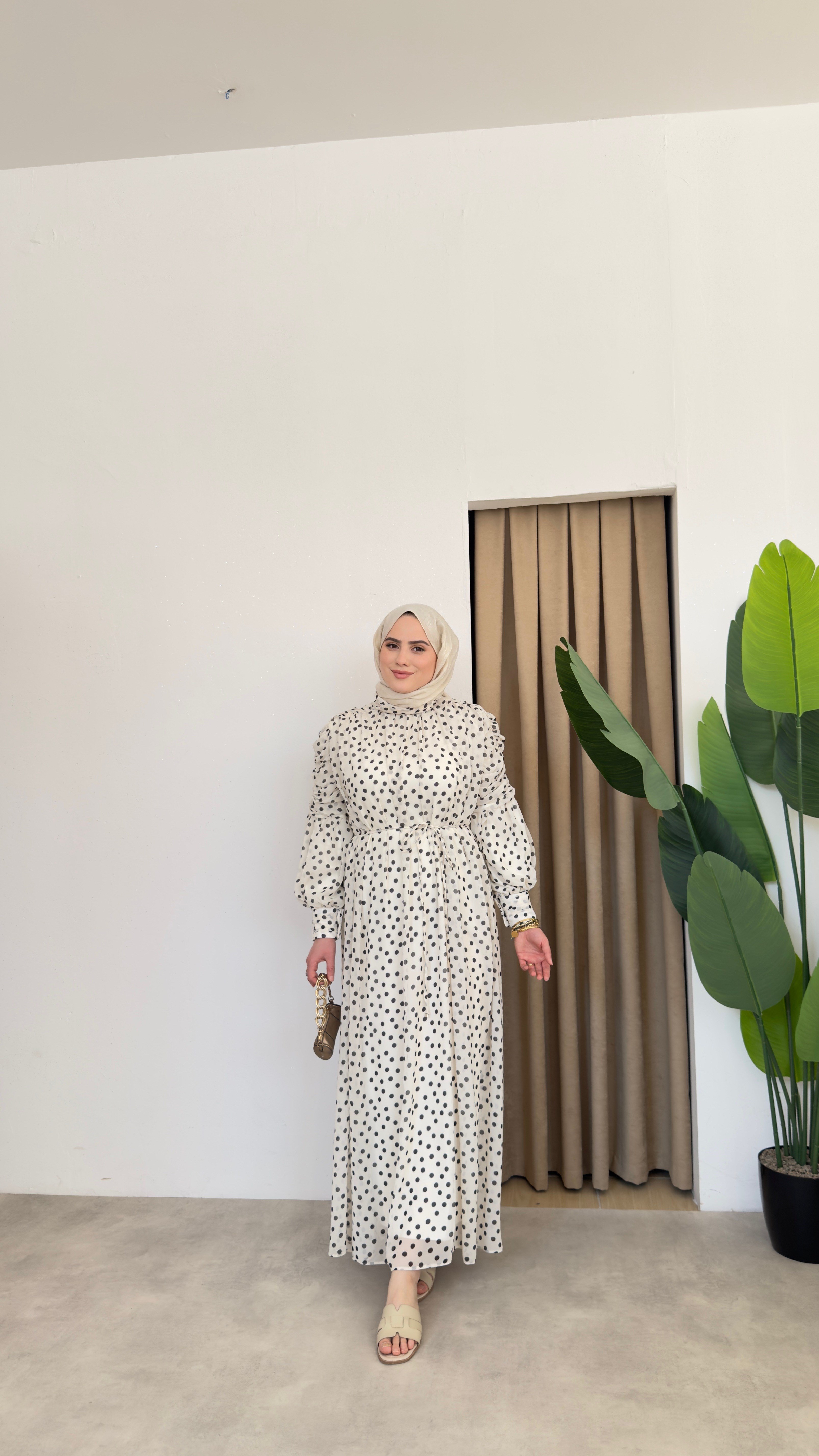 Asya Puantiyeli Elbise - Beyaz