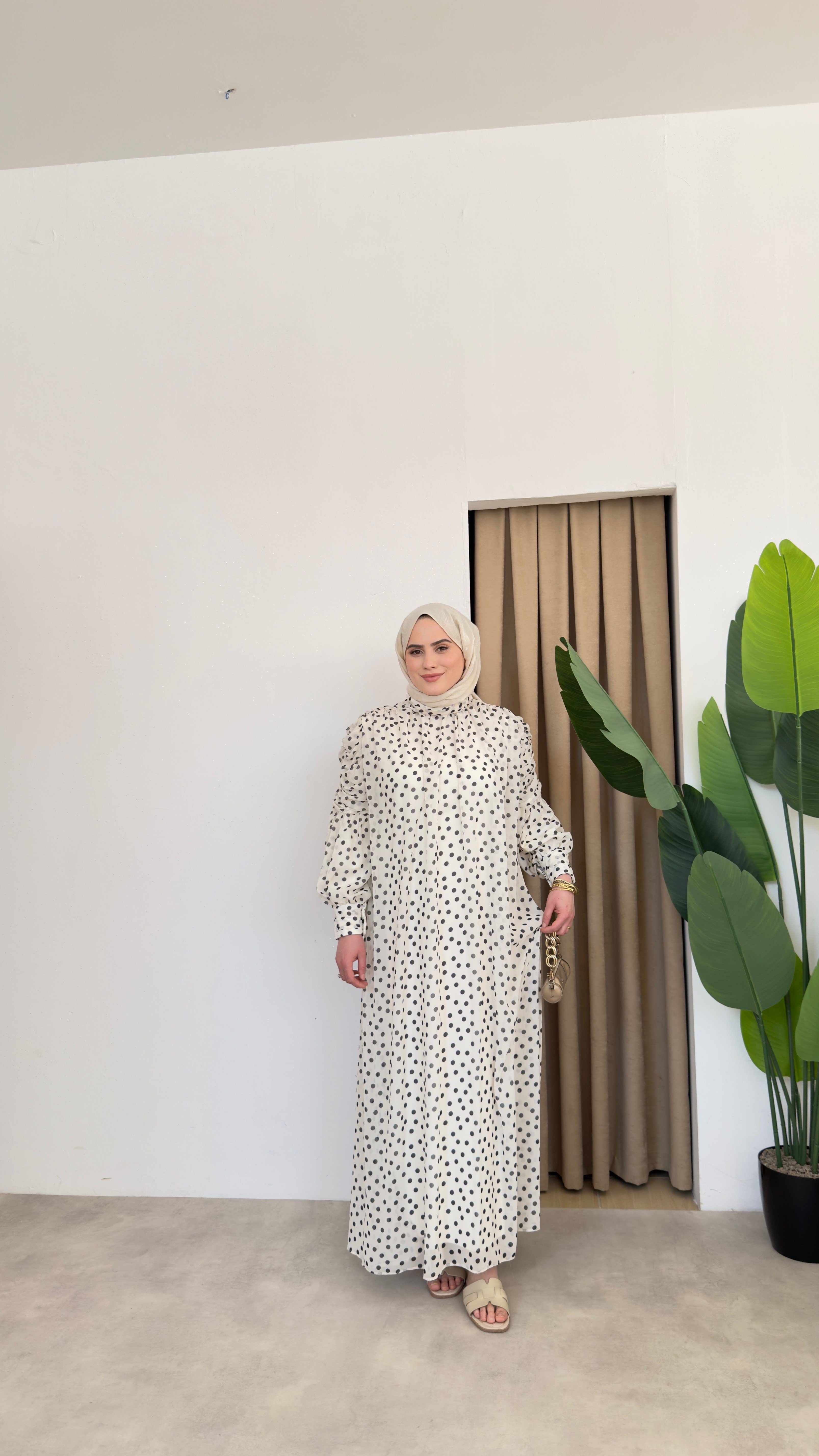 Asya Puantiyeli Elbise - Beyaz