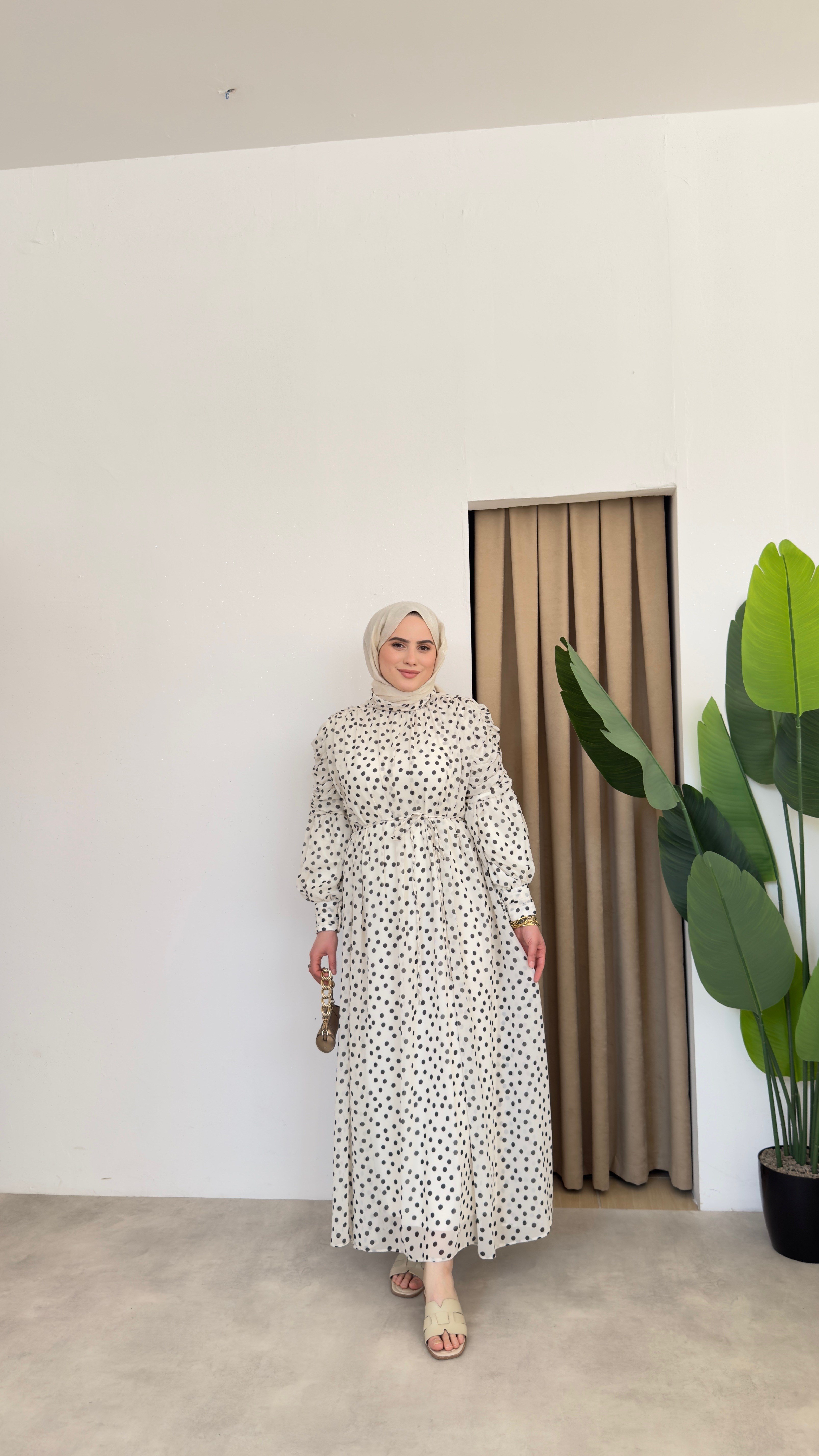 Asya Puantiyeli Elbise - Beyaz